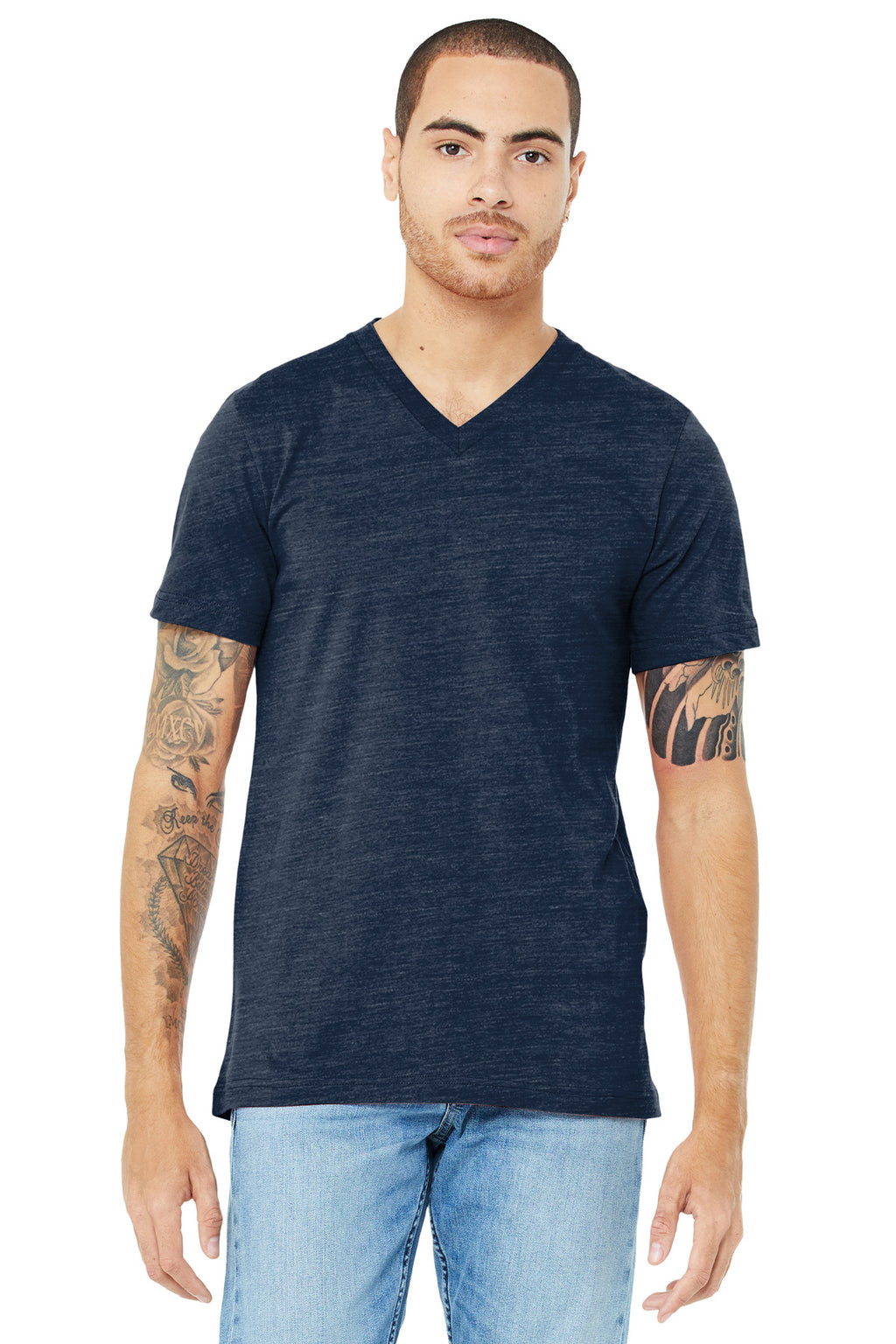 Front View of Navy Slub BELLA+CANVAS Unisex Jersey Short Sleeve V-Neck Tee. BC3005