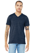 Front View of Navy Slub BELLA+CANVAS Unisex Jersey Short Sleeve V-Neck Tee. BC3005