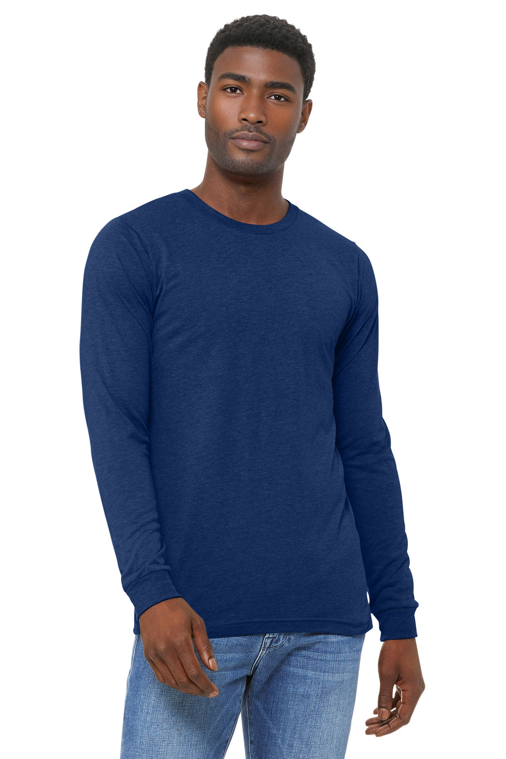 Front View of NavyTB BELLA+CANVAS Unisex Triblend Long Sleeve Tee BC3513