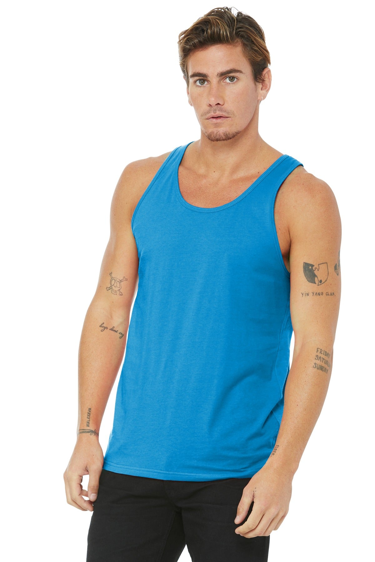 Front View of Neon Blue BELLA+CANVAS Unisex Jersey Tank. BC3480