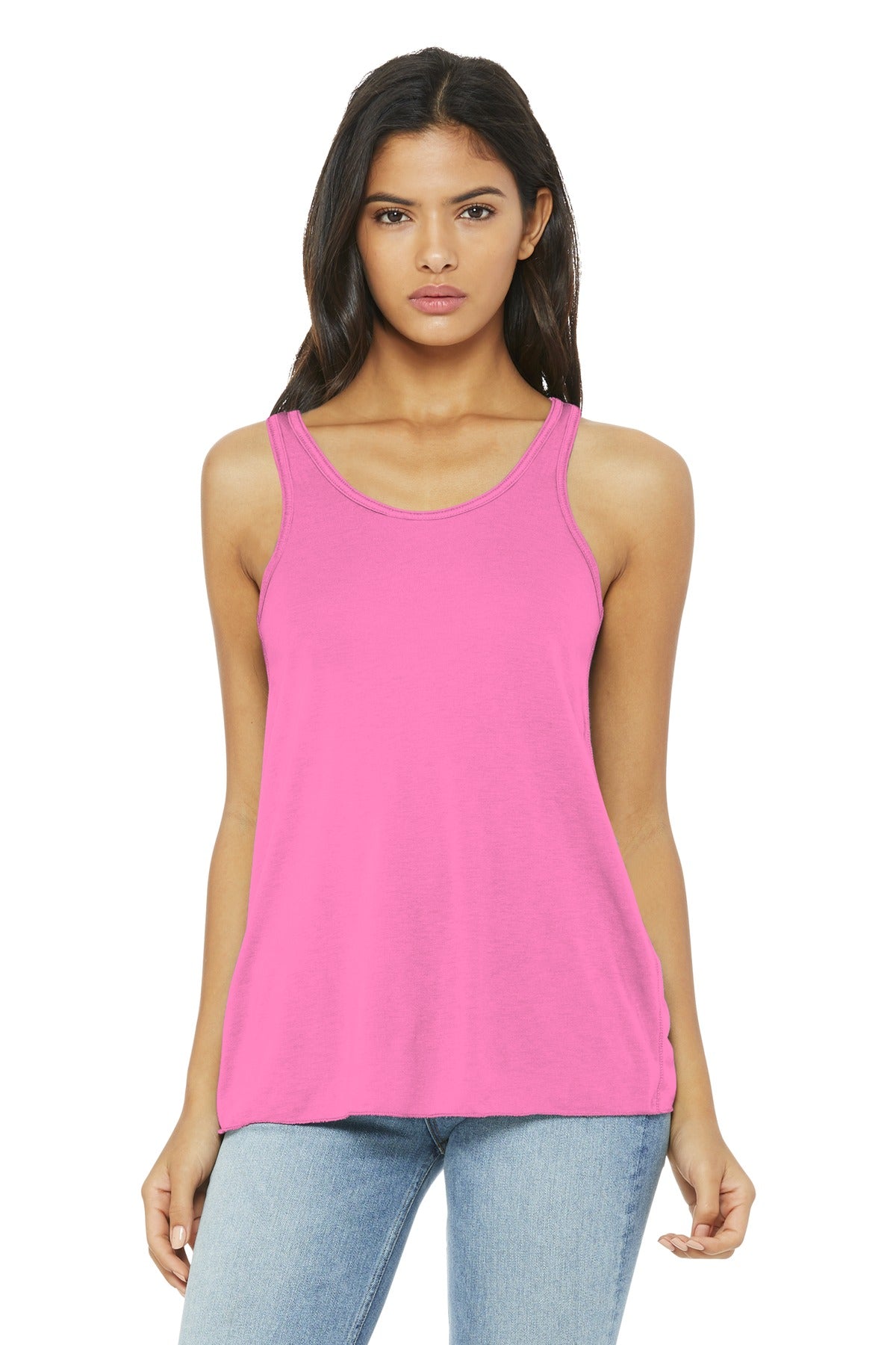 Front View of Neon Pink BELLA+CANVAS Women's Flowy Racerback Tank. BC8800