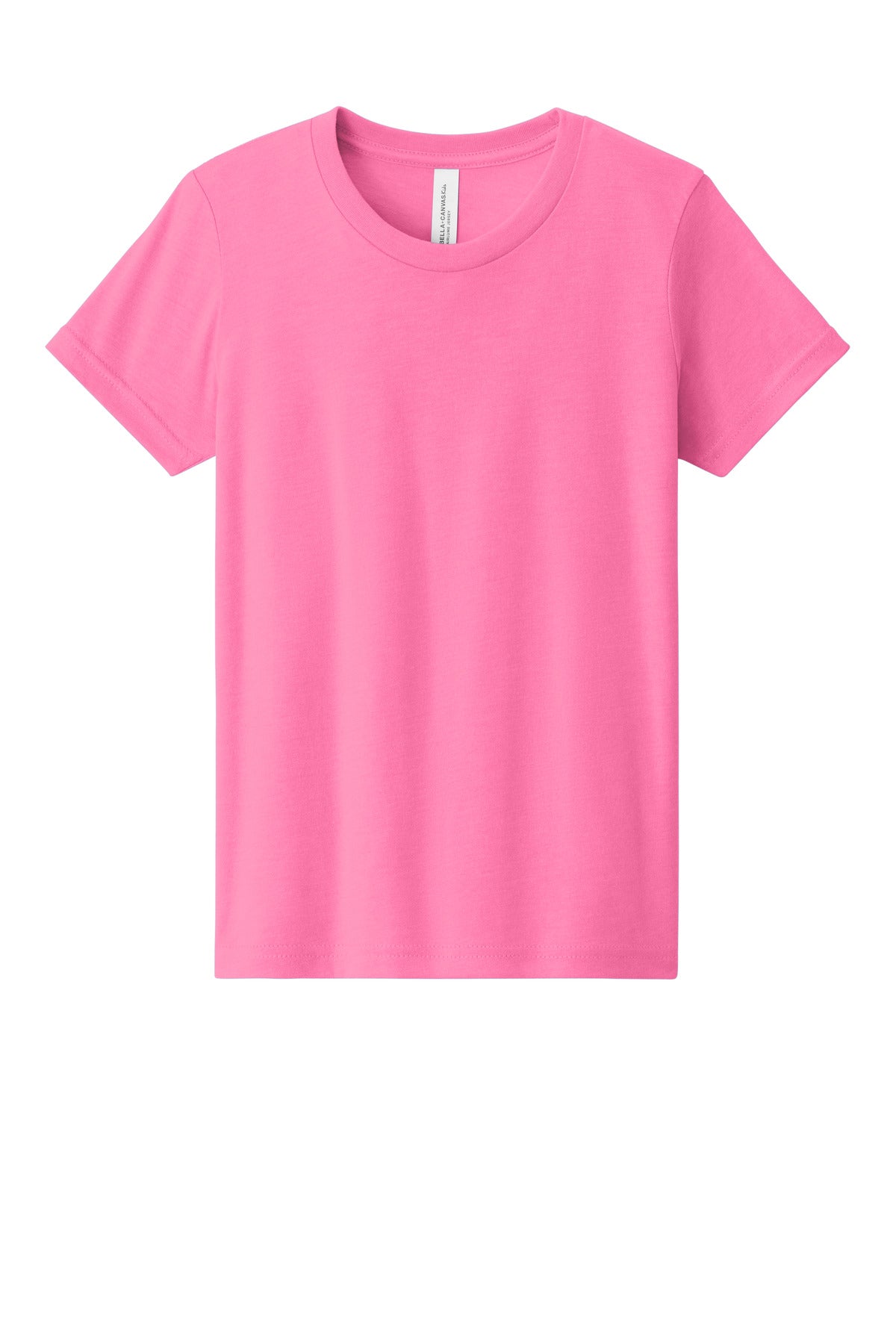Front View of NeonPink BELLA+CANVAS Youth Heather CVC Tee BC3001YCVC