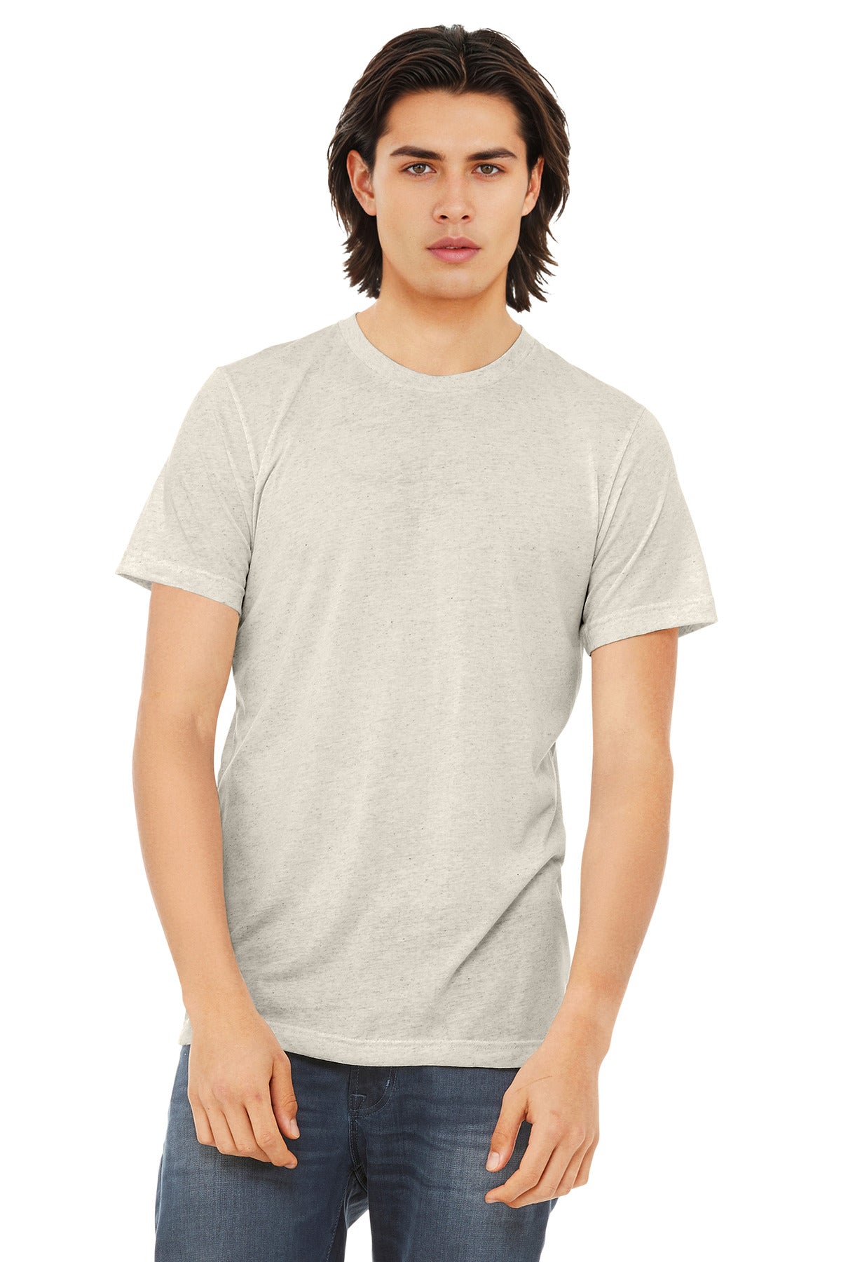 Front View of Oatmeal TB BELLA+CANVAS Unisex Triblend Short Sleeve Tee. BC3413