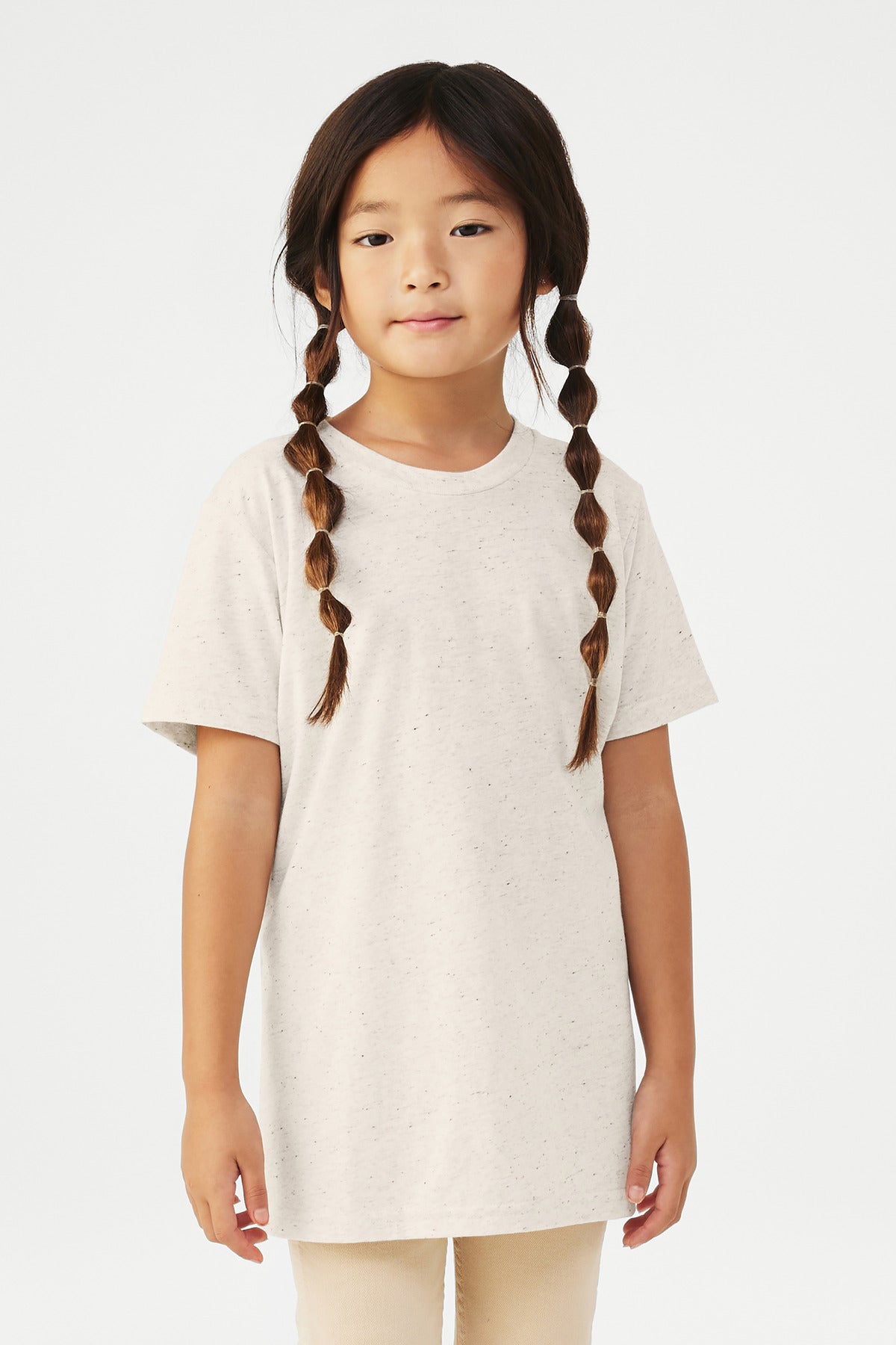 Front View of OatmealTB BELLA+CANVAS Youth Triblend Short Sleeve Tee. BC3413Y