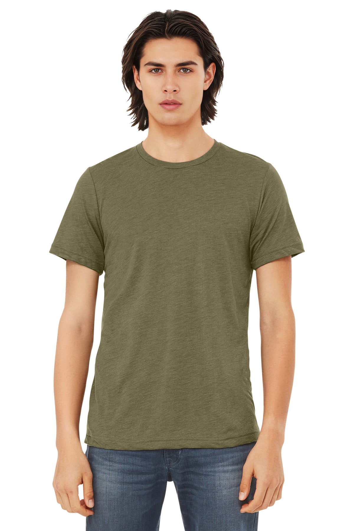 Front View of Olive TB BELLA+CANVAS Unisex Triblend Short Sleeve Tee. BC3413