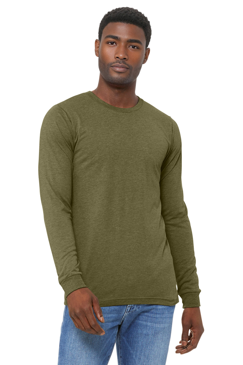 Front View of OliveTB BELLA+CANVAS Unisex Triblend Long Sleeve Tee BC3513