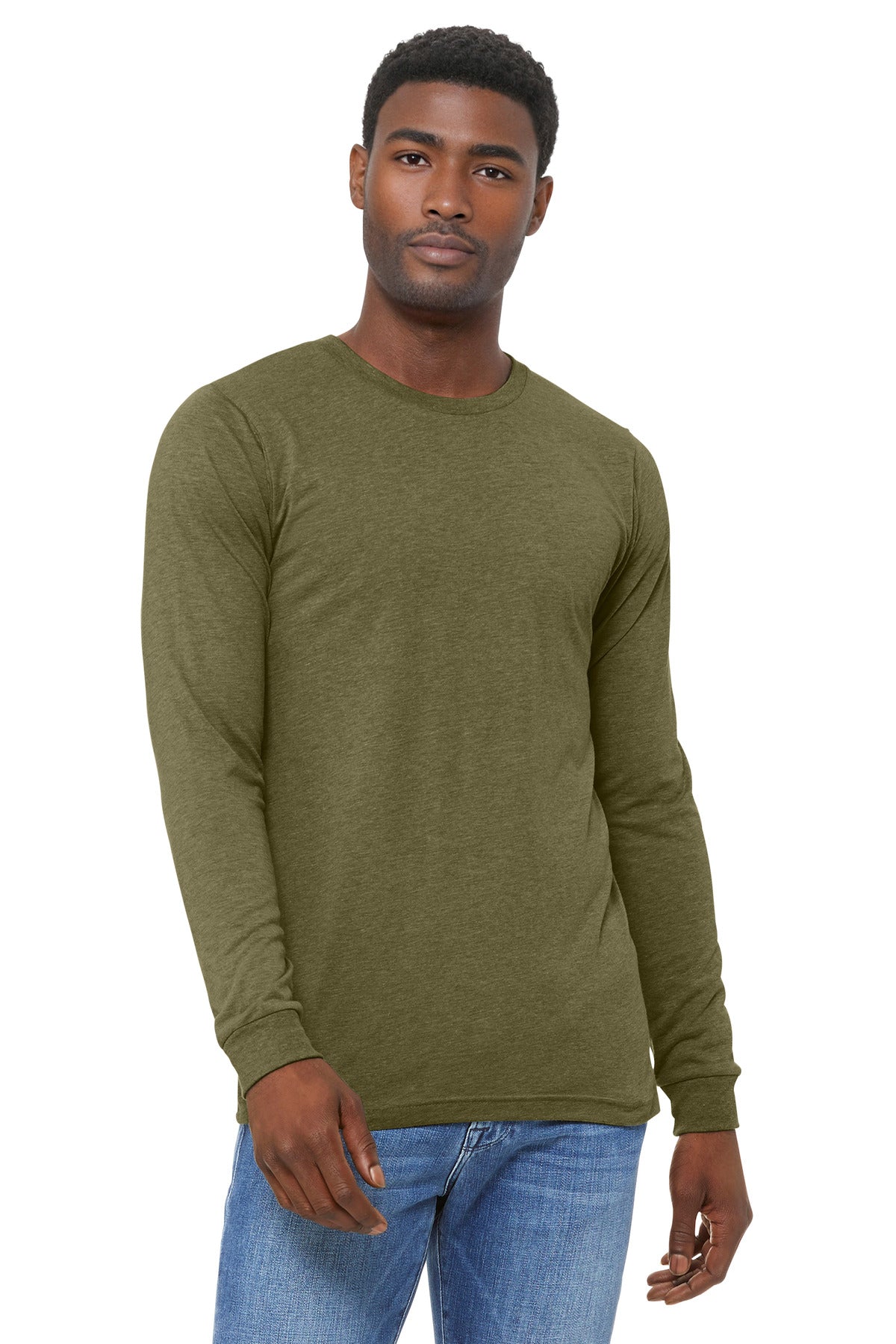 Front View of OliveTB BELLA+CANVAS Unisex Triblend Long Sleeve Tee BC3513