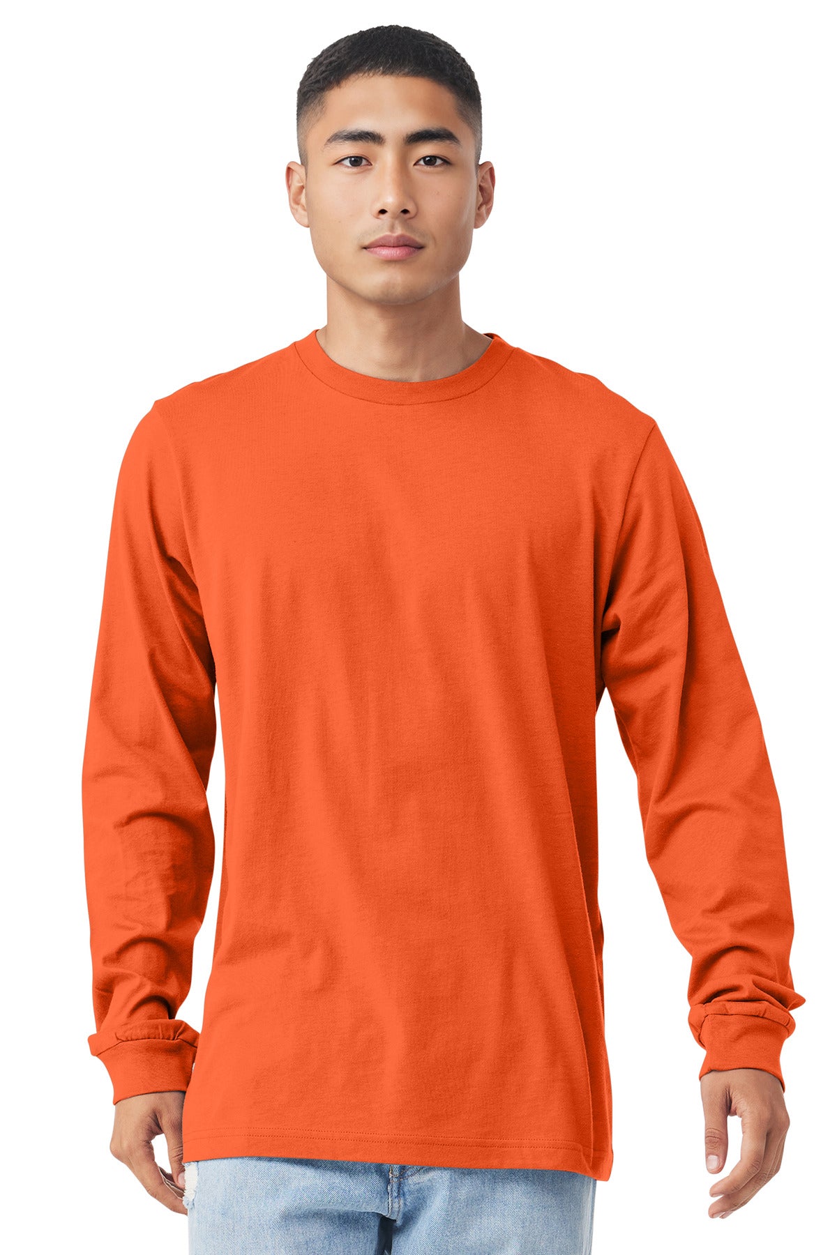 Front View of Orange BELLA+CANVAS Unisex Jersey Long Sleeve Tee. BC3501