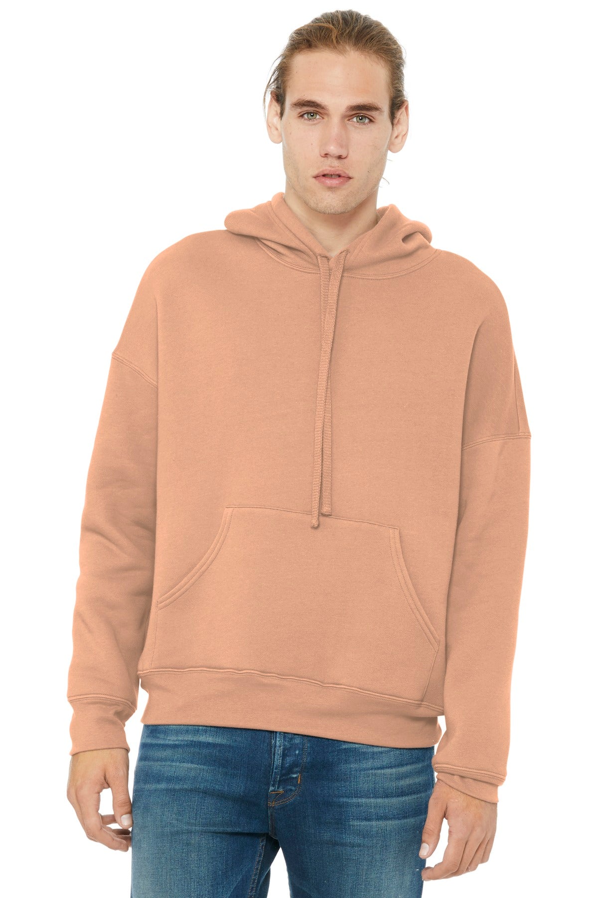 Front View of Peach BELLA+CANVAS Unisex Sponge Fleece Pullover DTM Hoodie. BC3729