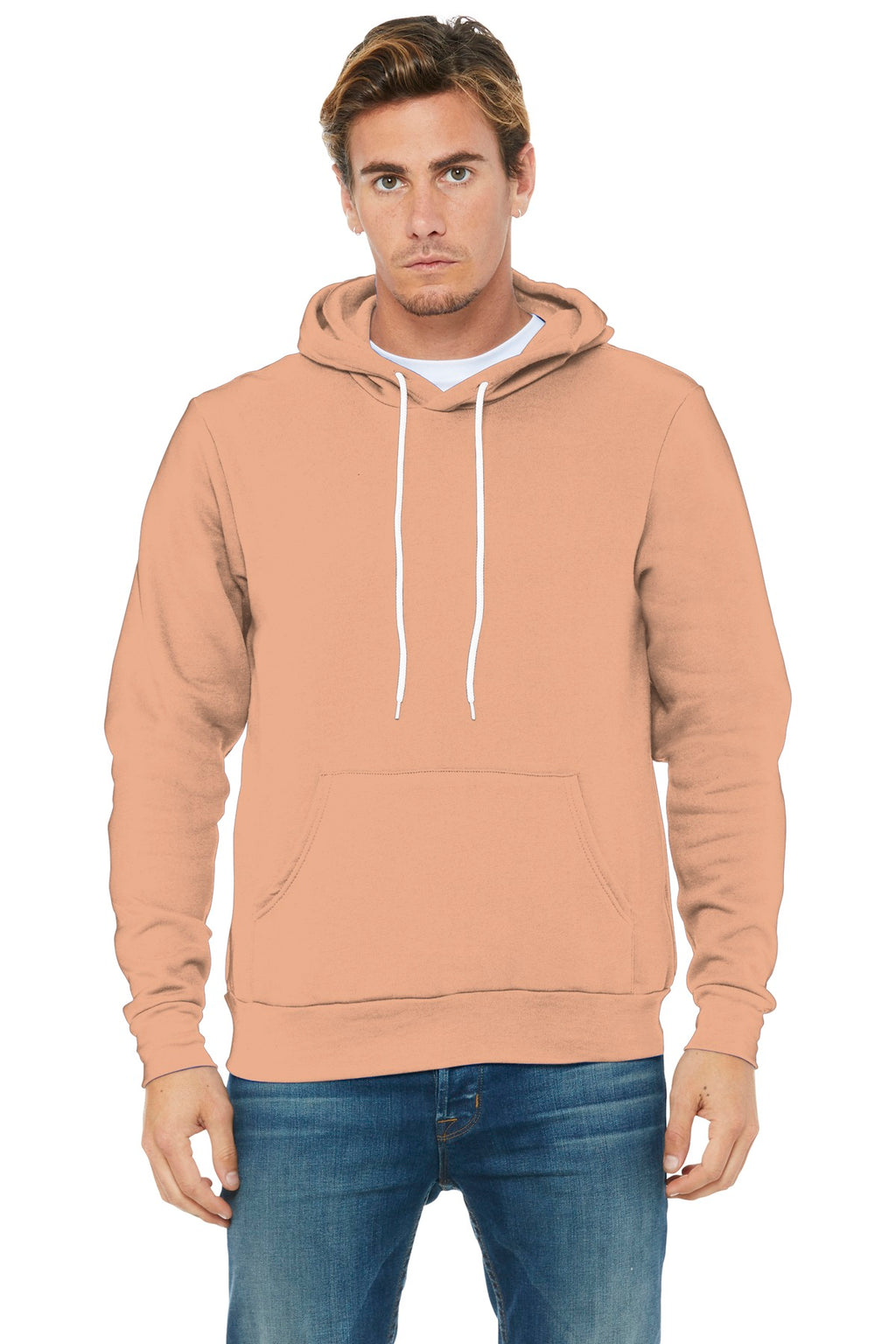Front View of Peach BELLA+CANVAS Unisex Sponge Fleece Pullover Hoodie. BC3719