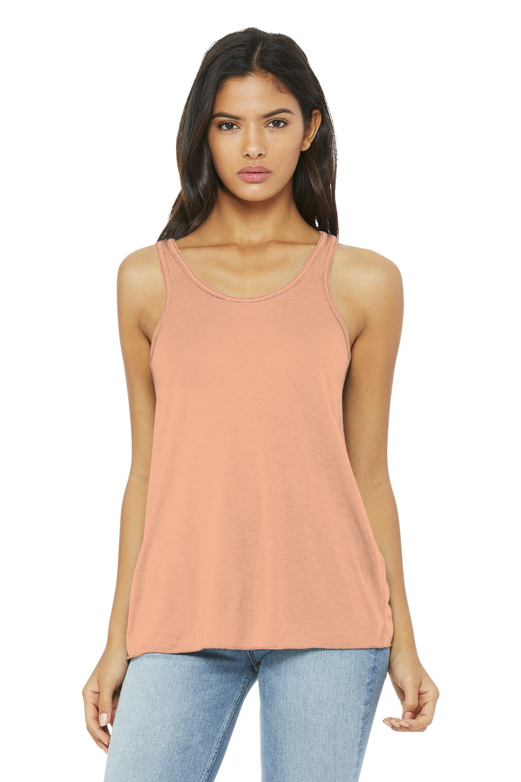 Front View of Peach BELLA+CANVAS Women's Flowy Racerback Tank. BC8800