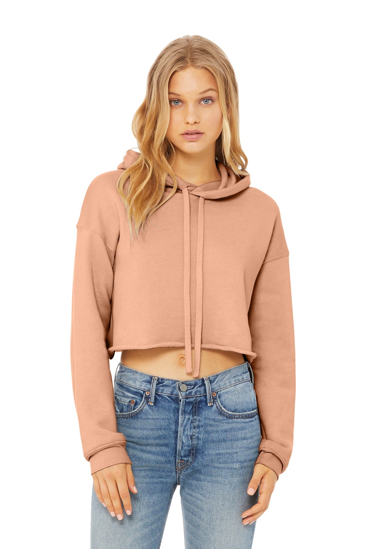 Front View of Peach BELLA+CANVAS Women's Sponge Fleece Cropped Fleece Hoodie. BC7502