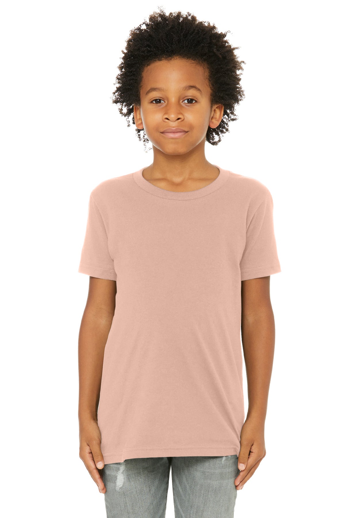 Front View of Peach BELLA+CANVAS Youth Jersey Short Sleeve Tee. BC3001Y