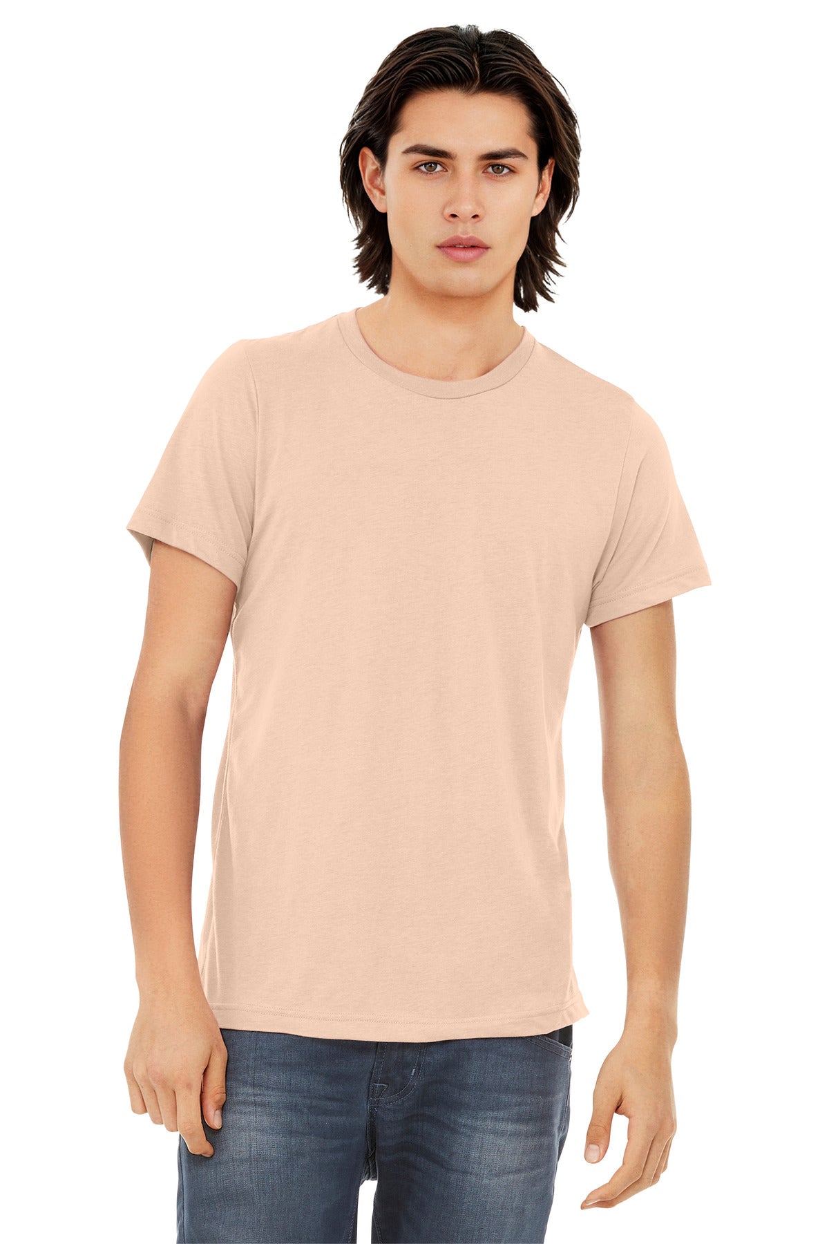 Front View of Peach TB BELLA+CANVAS Unisex Triblend Short Sleeve Tee. BC3413