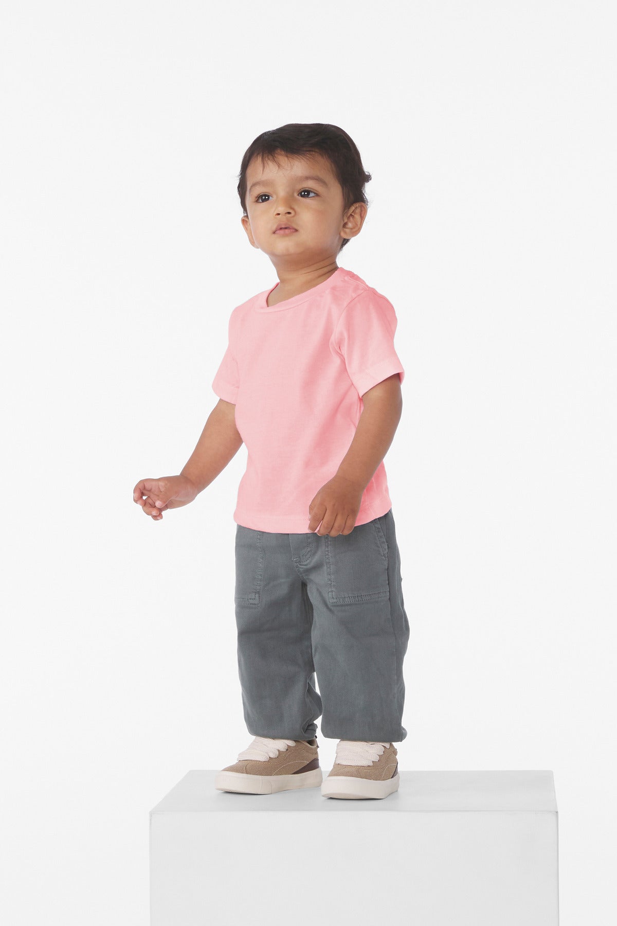 Front View of Pink BELLA+CANVAS Infant Jersey Short Sleeve Tee BC3001B