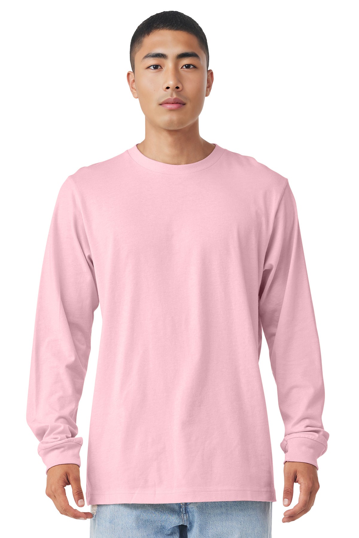 Front View of Pink BELLA+CANVAS Unisex Jersey Long Sleeve Tee. BC3501