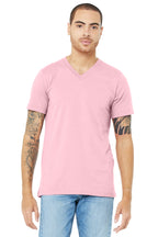 Front View of Pink BELLA+CANVAS Unisex Jersey Short Sleeve V-Neck Tee. BC3005