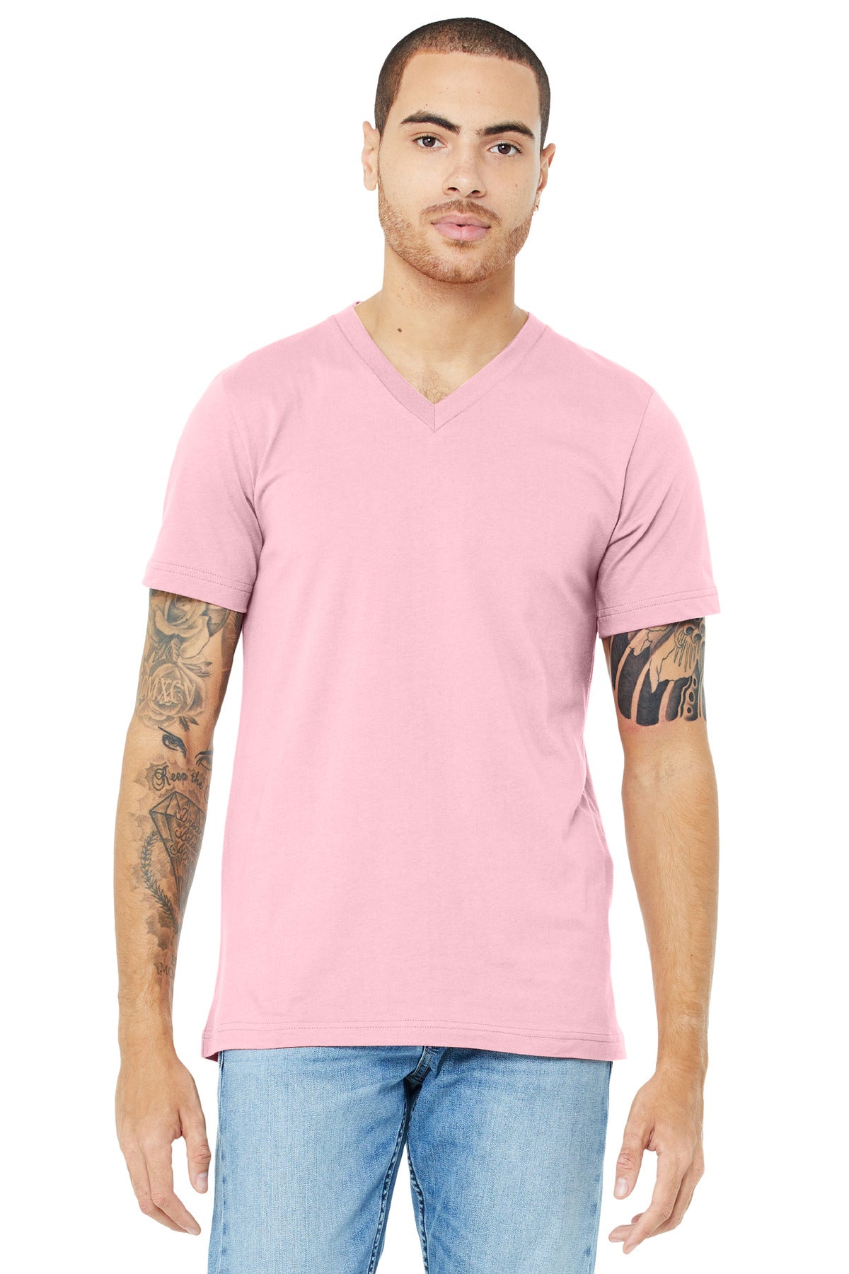 Front View of Pink BELLA+CANVAS Unisex Jersey Short Sleeve V-Neck Tee. BC3005