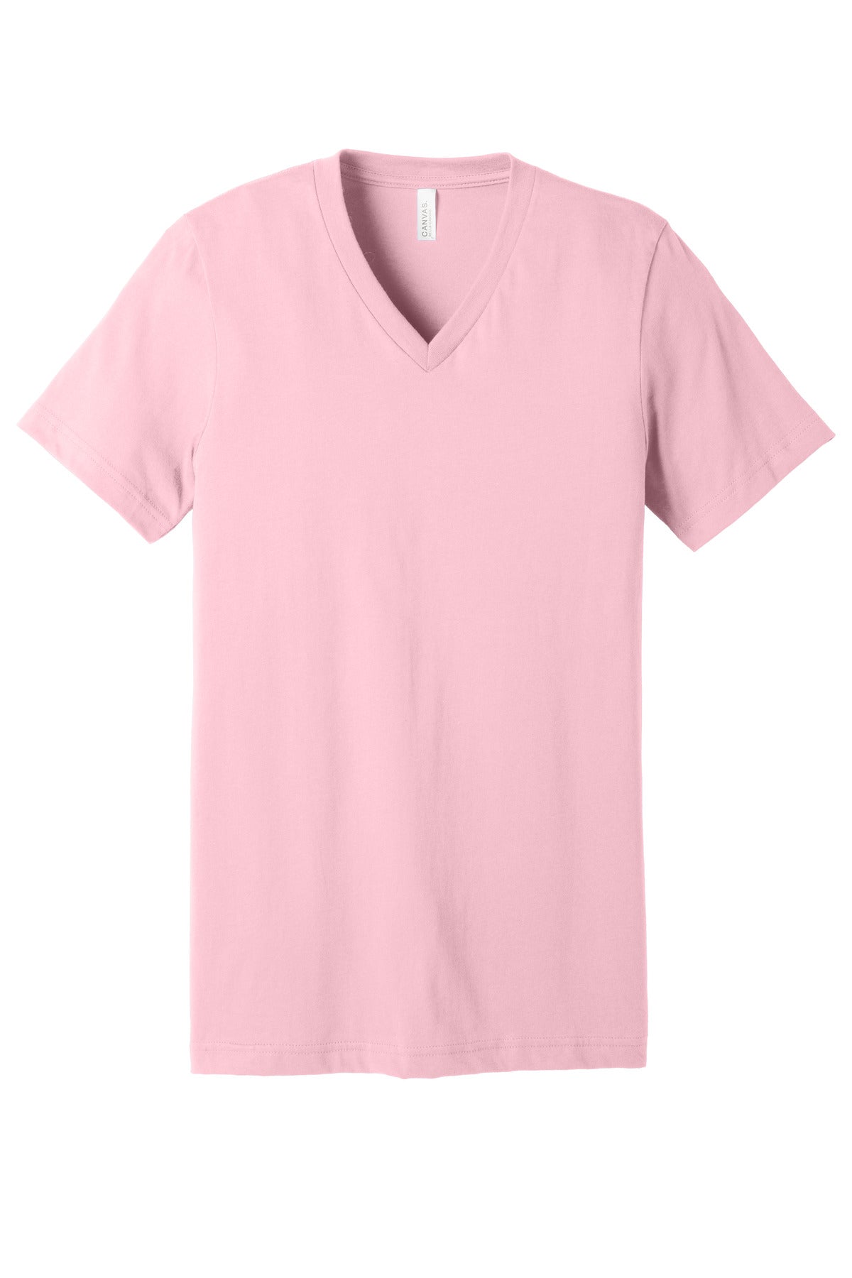 Front View of Pink BELLA+CANVAS Unisex Jersey Short Sleeve V-Neck Tee. BC3005