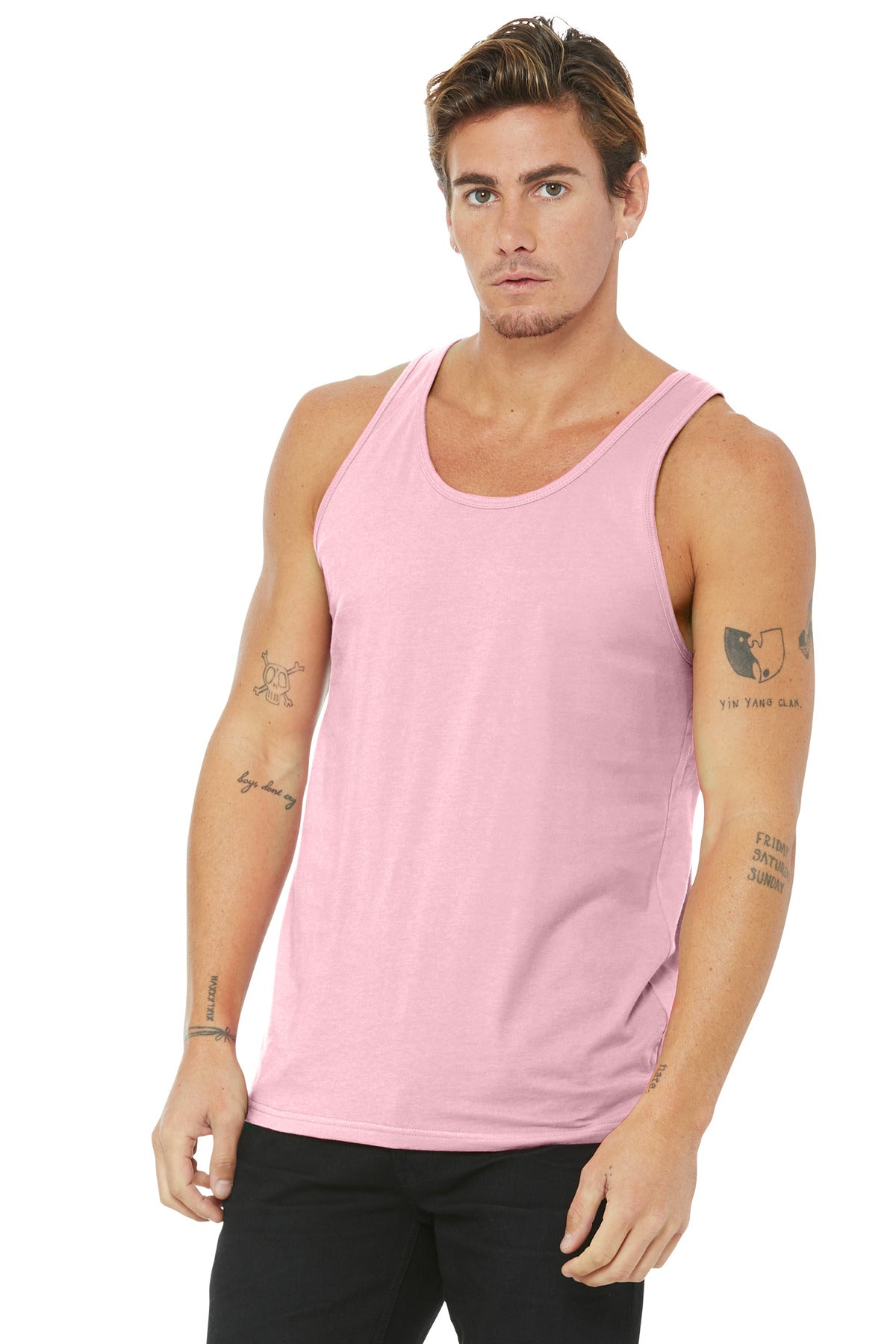 Front View of Pink BELLA+CANVAS Unisex Jersey Tank. BC3480
