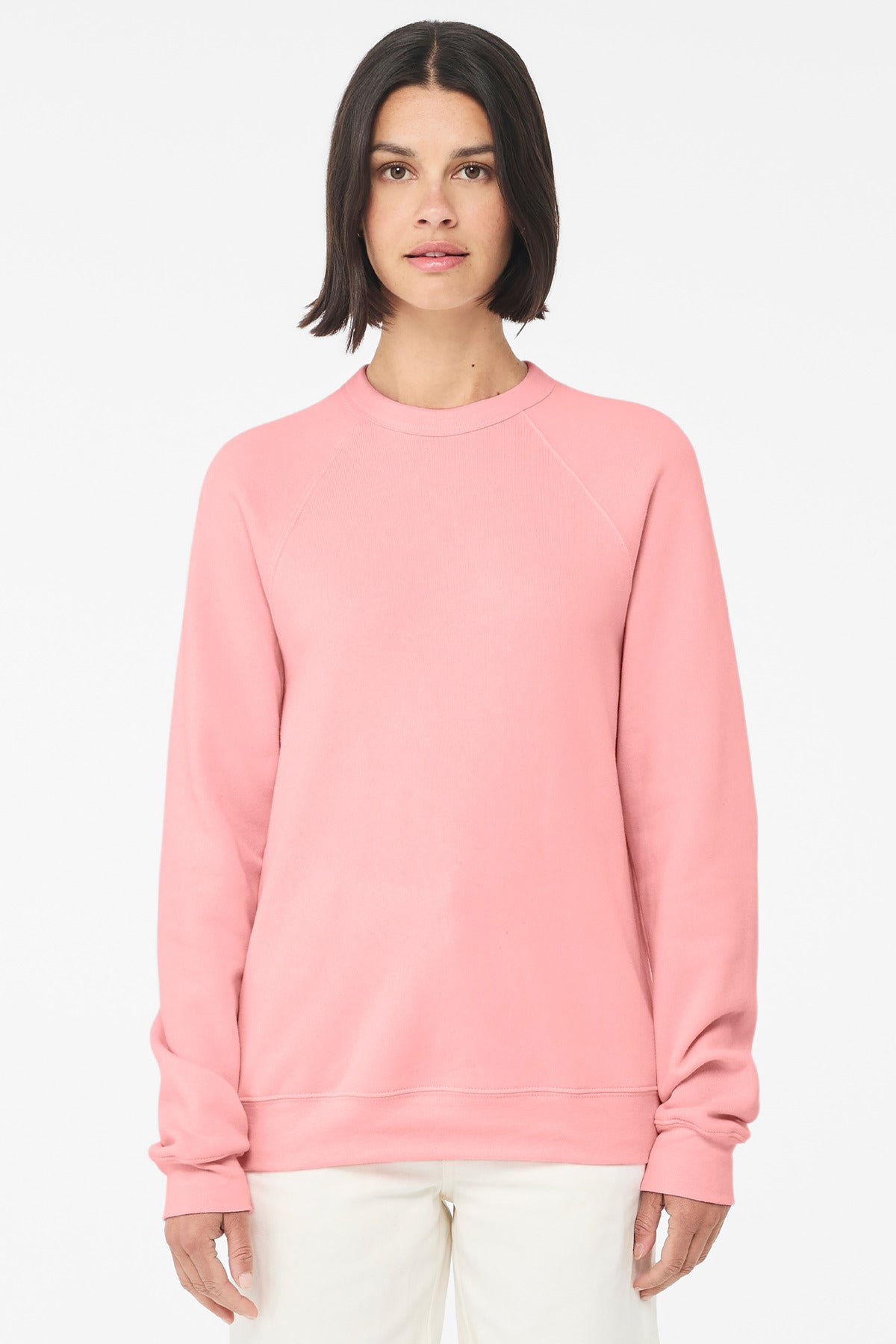 Front View of Pink BELLA+CANVAS Unisex Sponge Fleece Raglan Sweatshirt. BC3901