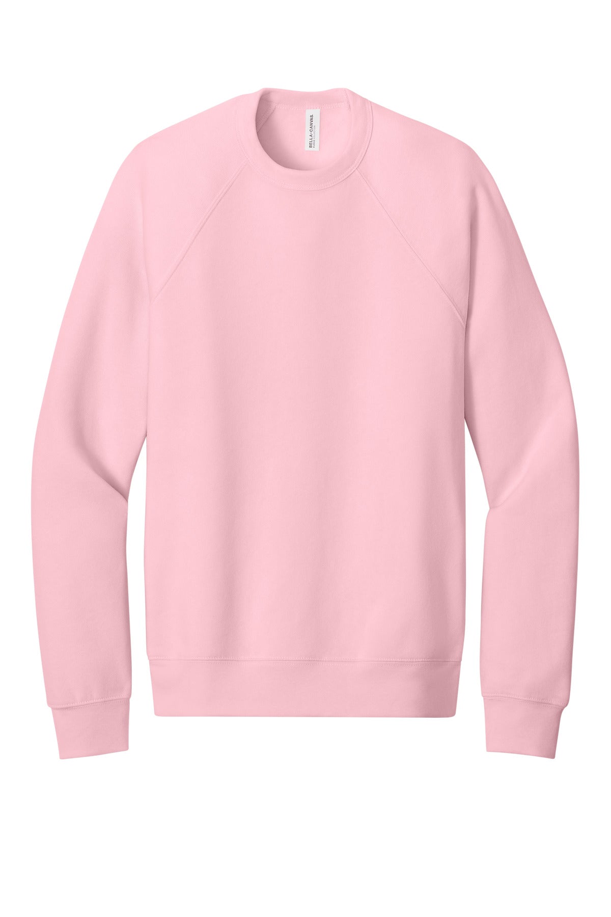 Front View of Pink BELLA+CANVAS Unisex Sponge Fleece Raglan Sweatshirt. BC3901