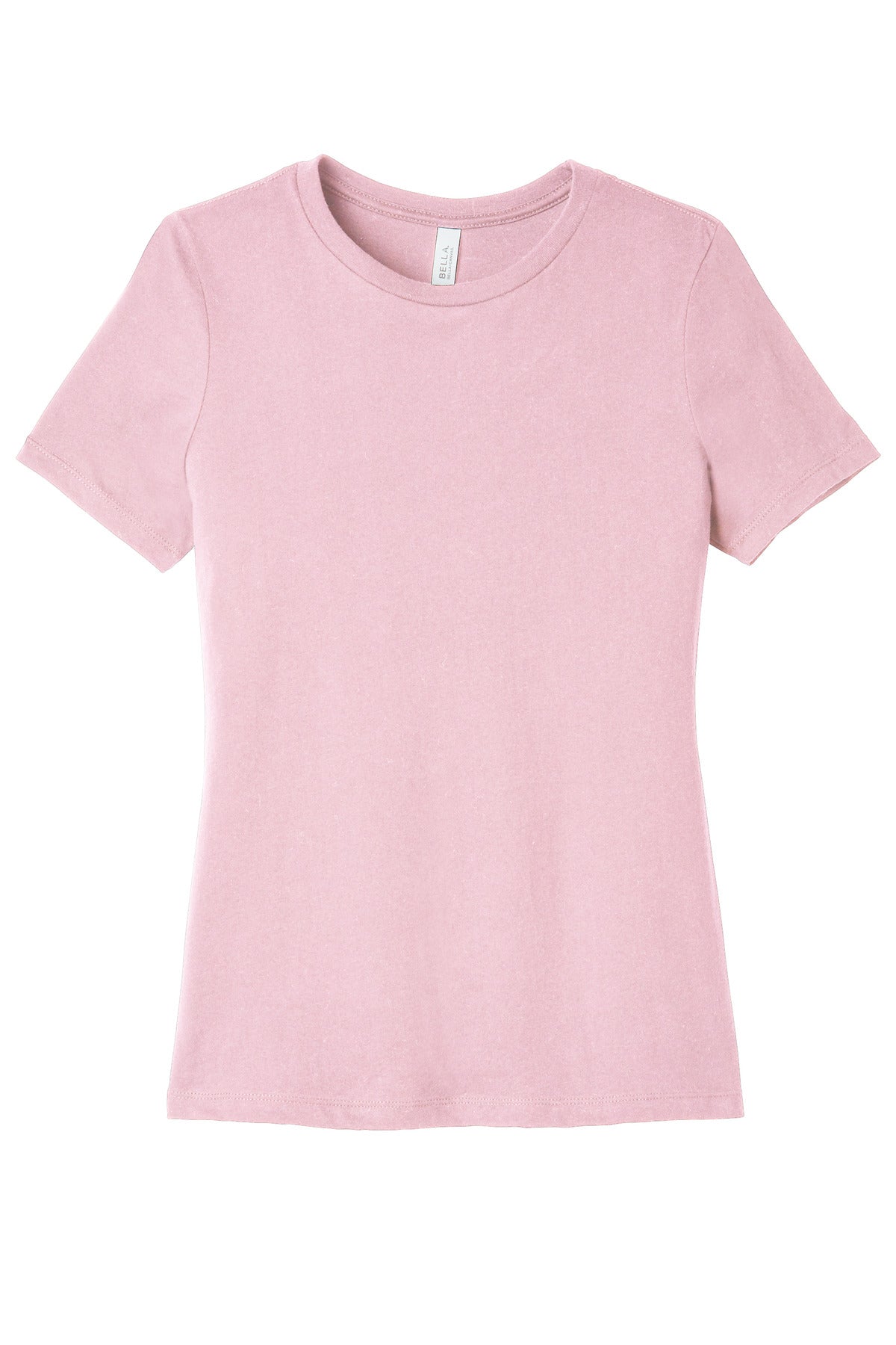 Front View of Pink BELLA+CANVAS Women's Relaxed Jersey Short Sleeve Tee. BC6400