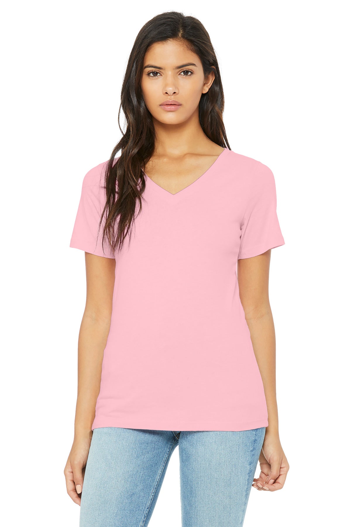 Front View of Pink BELLA+CANVAS Women's Relaxed Jersey Short Sleeve V-Neck Tee. BC6405