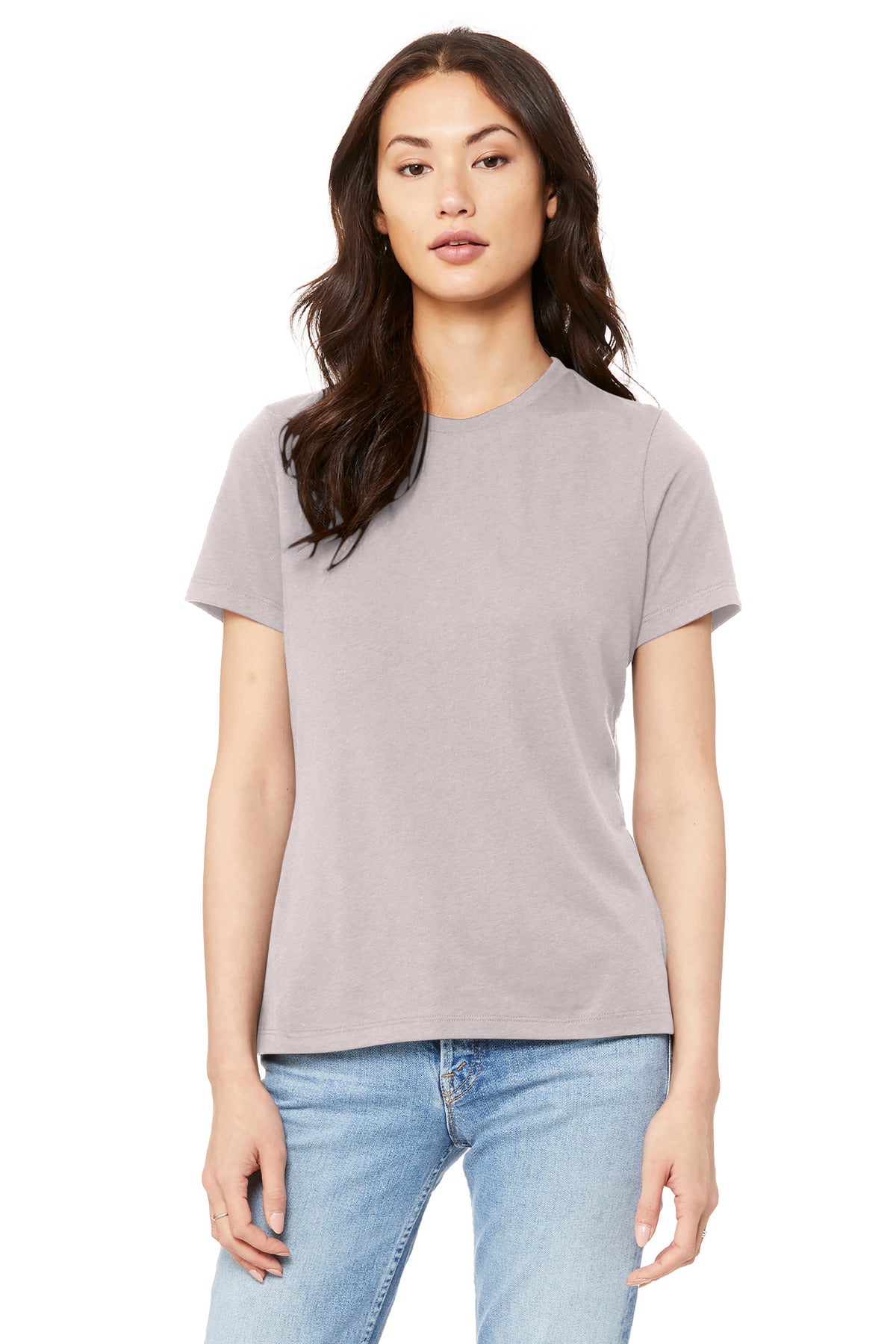 Front View of PinkGravel BELLA+CANVAS Women's Relaxed Jersey Short Sleeve Tee. BC6400