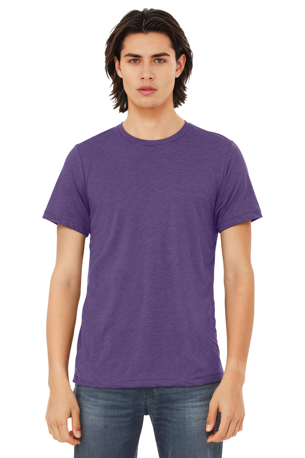 Front View of Purple TB BELLA+CANVAS Unisex Triblend Short Sleeve Tee. BC3413