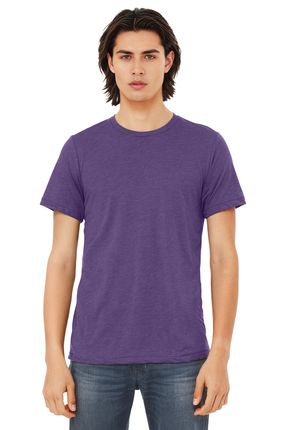 Front View of Purple TB BELLA+CANVAS Unisex Triblend Short Sleeve Tee. BC3413