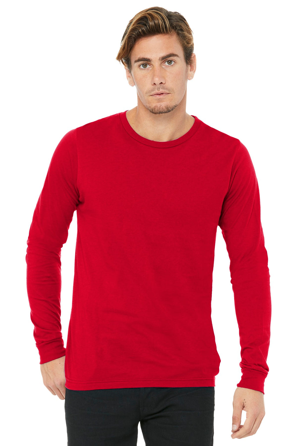 Front View of Red BELLA+CANVAS Unisex Jersey Long Sleeve Tee. BC3501