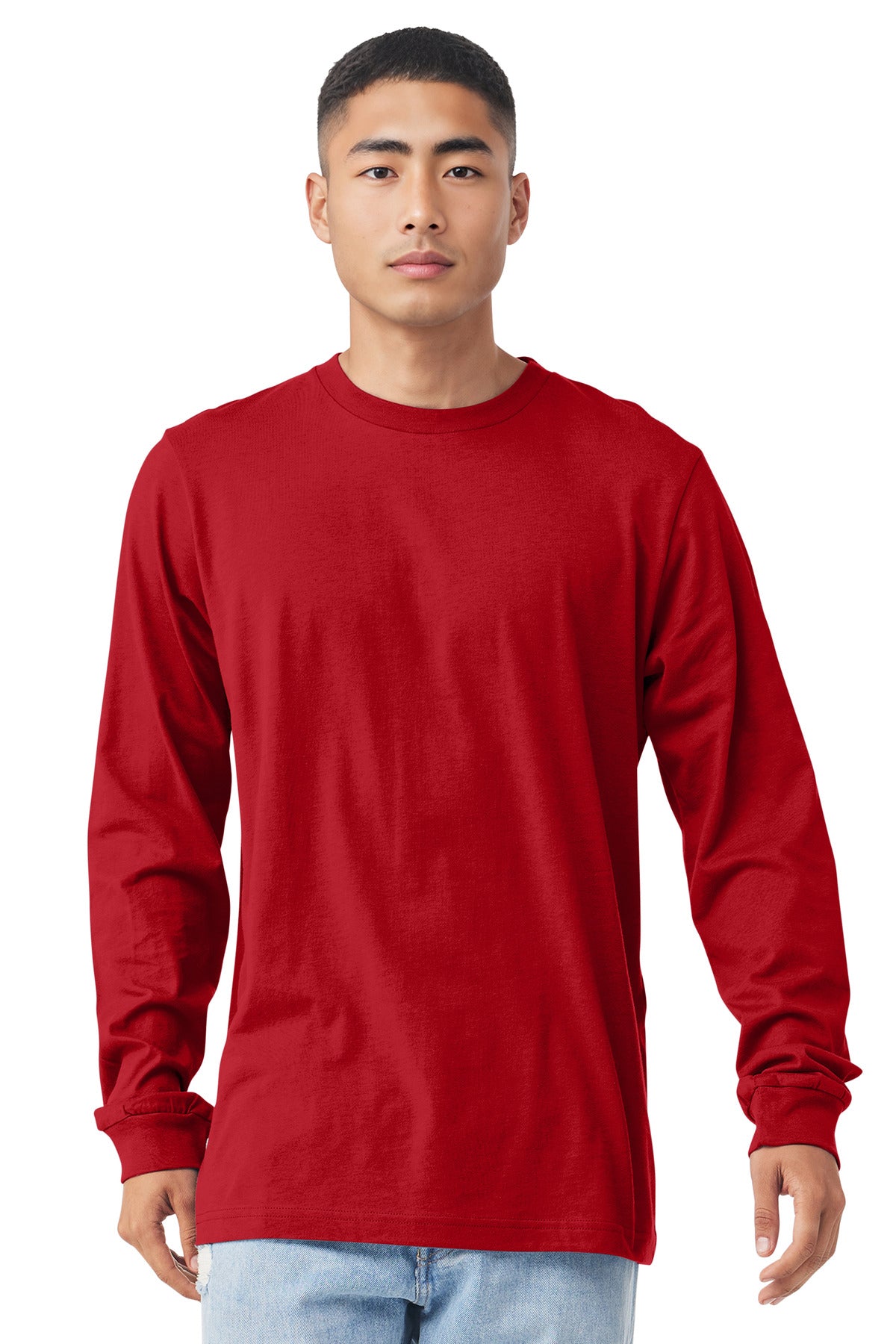 Front View of Red BELLA+CANVAS Unisex Jersey Long Sleeve Tee. BC3501