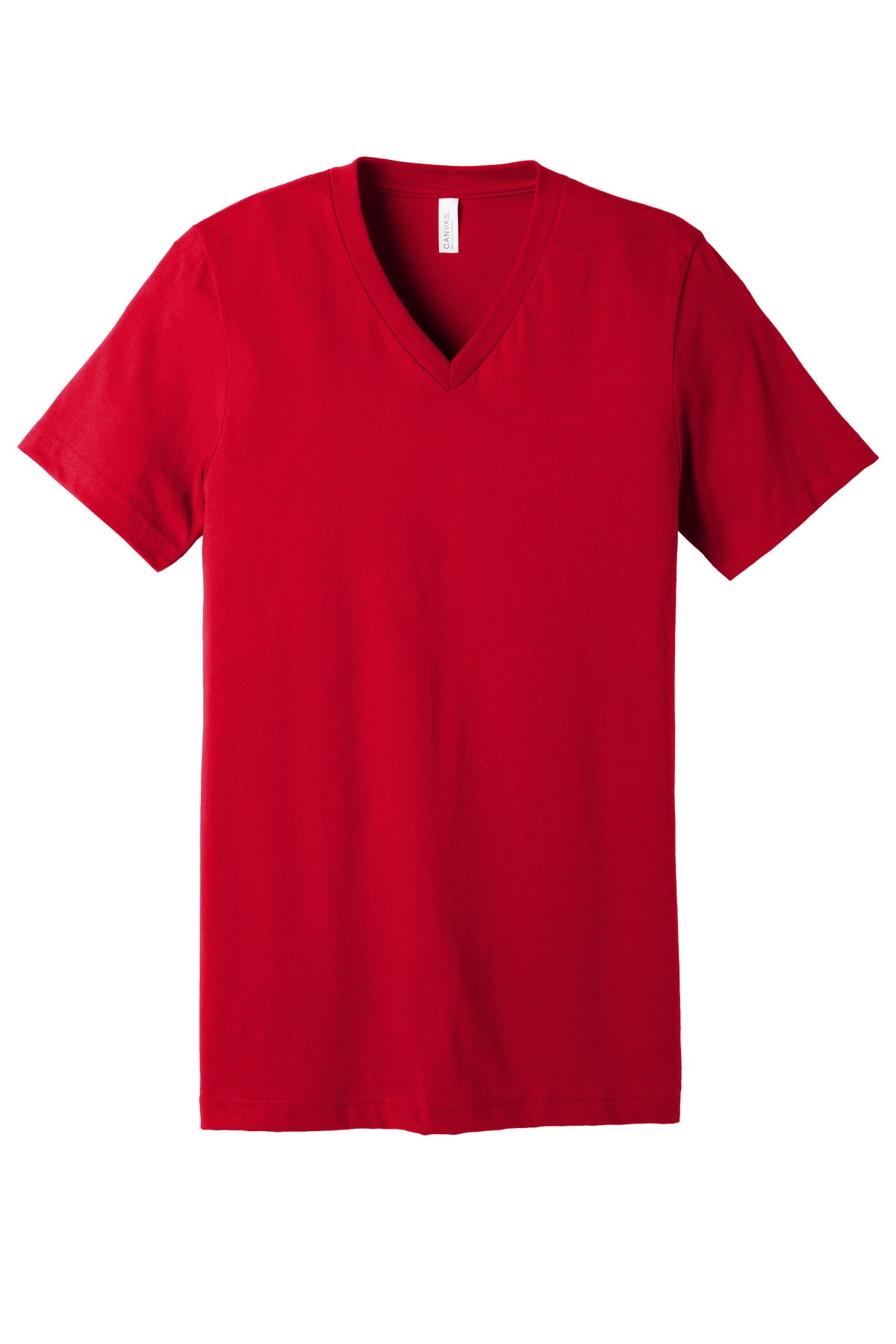 Front View of Red BELLA+CANVAS Unisex Jersey Short Sleeve V-Neck Tee. BC3005