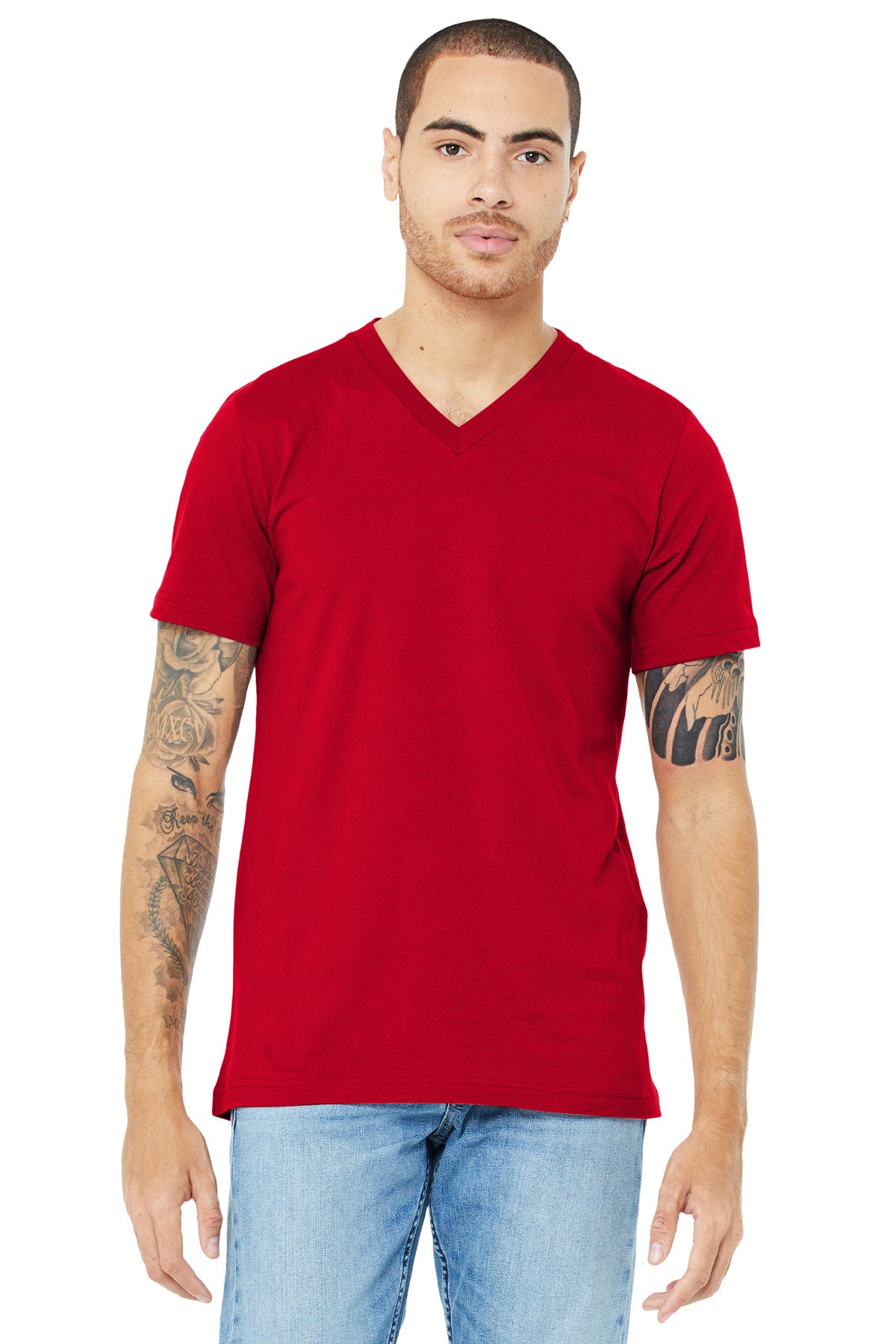 Front View of Red BELLA+CANVAS Unisex Jersey Short Sleeve V-Neck Tee. BC3005