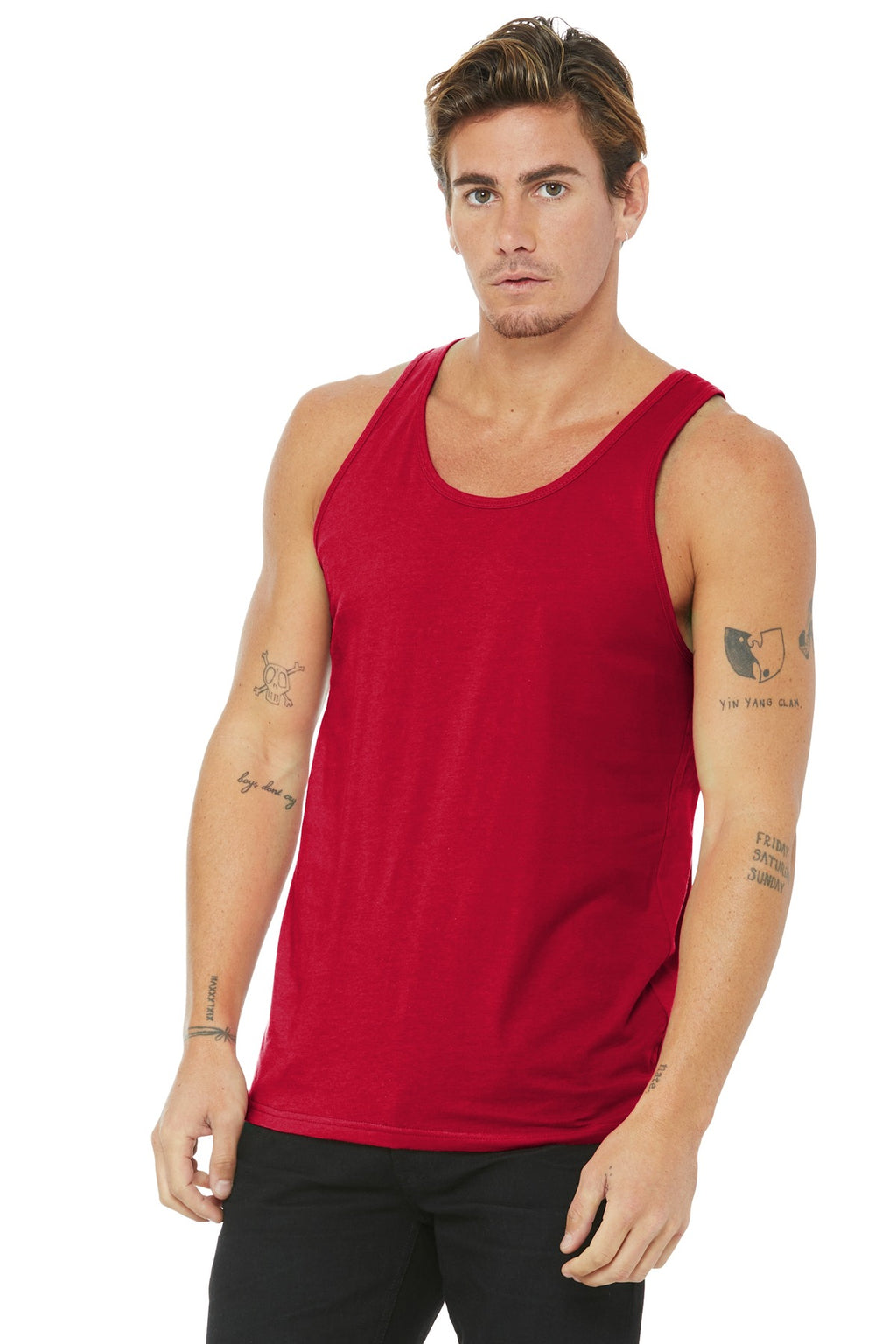Front View of Red BELLA+CANVAS Unisex Jersey Tank. BC3480