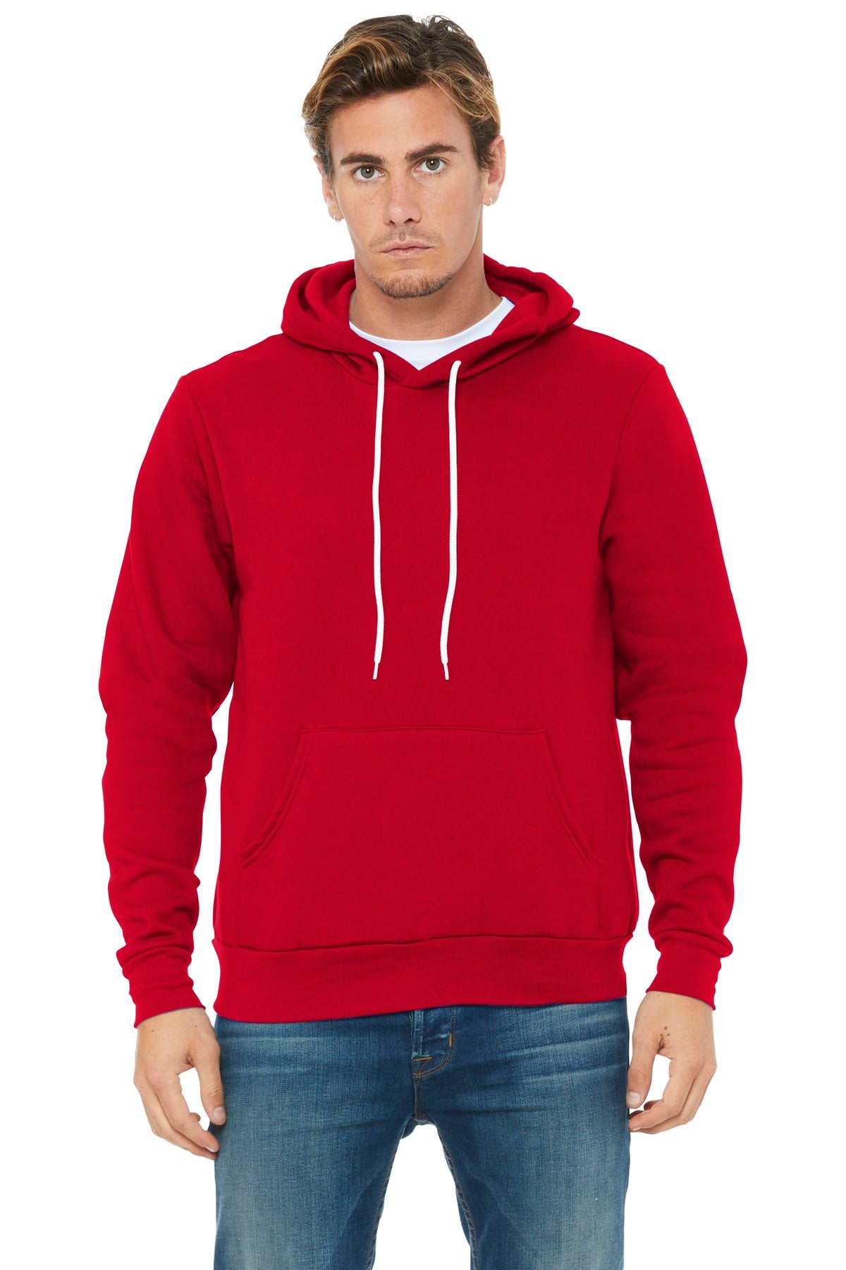 Front View of Red BELLA+CANVAS Unisex Sponge Fleece Pullover Hoodie. BC3719
