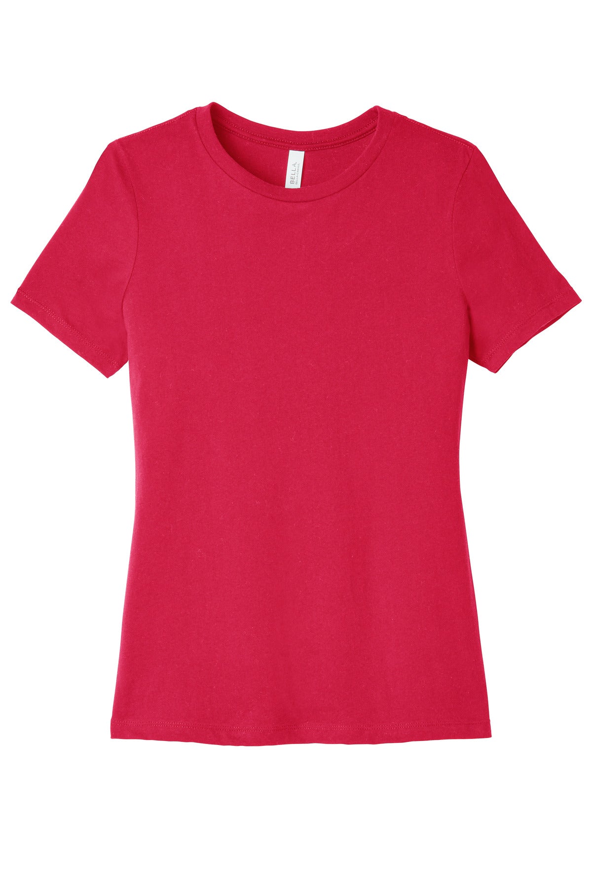 Front View of Red BELLA+CANVAS Women's Relaxed Jersey Short Sleeve Tee. BC6400