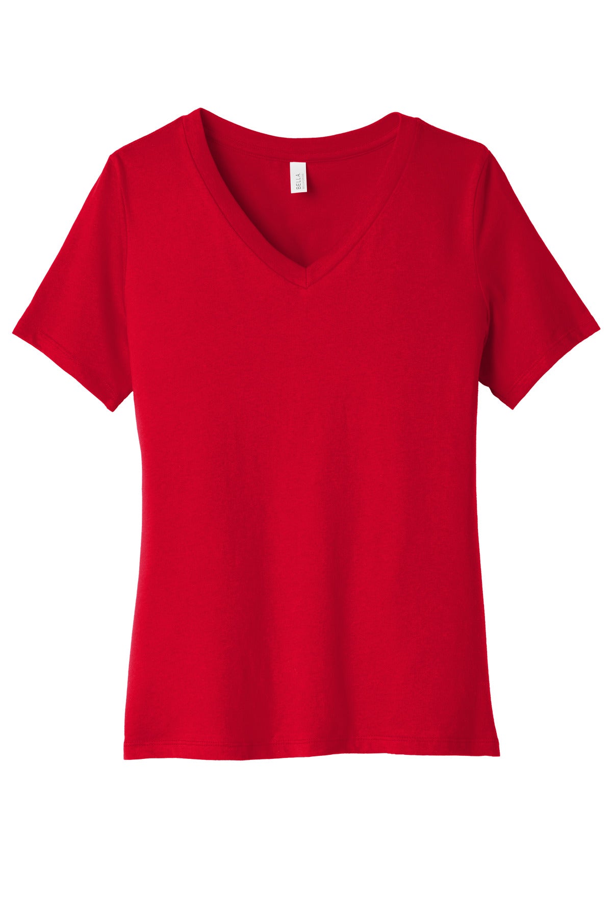 Front View of Red BELLA+CANVAS Women's Relaxed Jersey Short Sleeve V-Neck Tee. BC6405