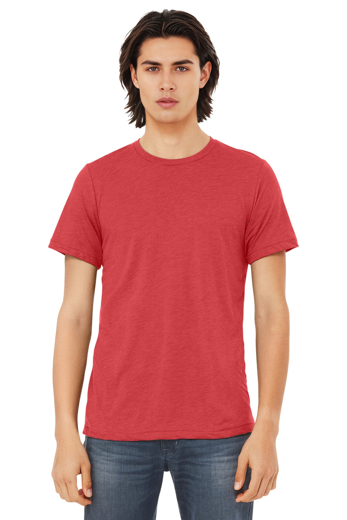 Front View of Red TB BELLA+CANVAS Unisex Triblend Short Sleeve Tee. BC3413
