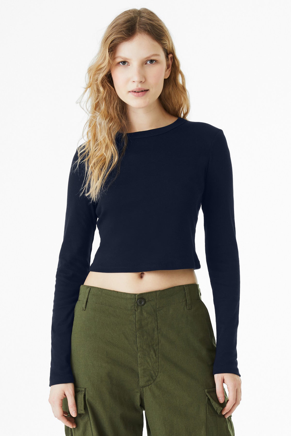 Front View of SdNvyBlend BELLA+CANVAS Women's Micro Rib Long Sleeve Baby Tee BC1501