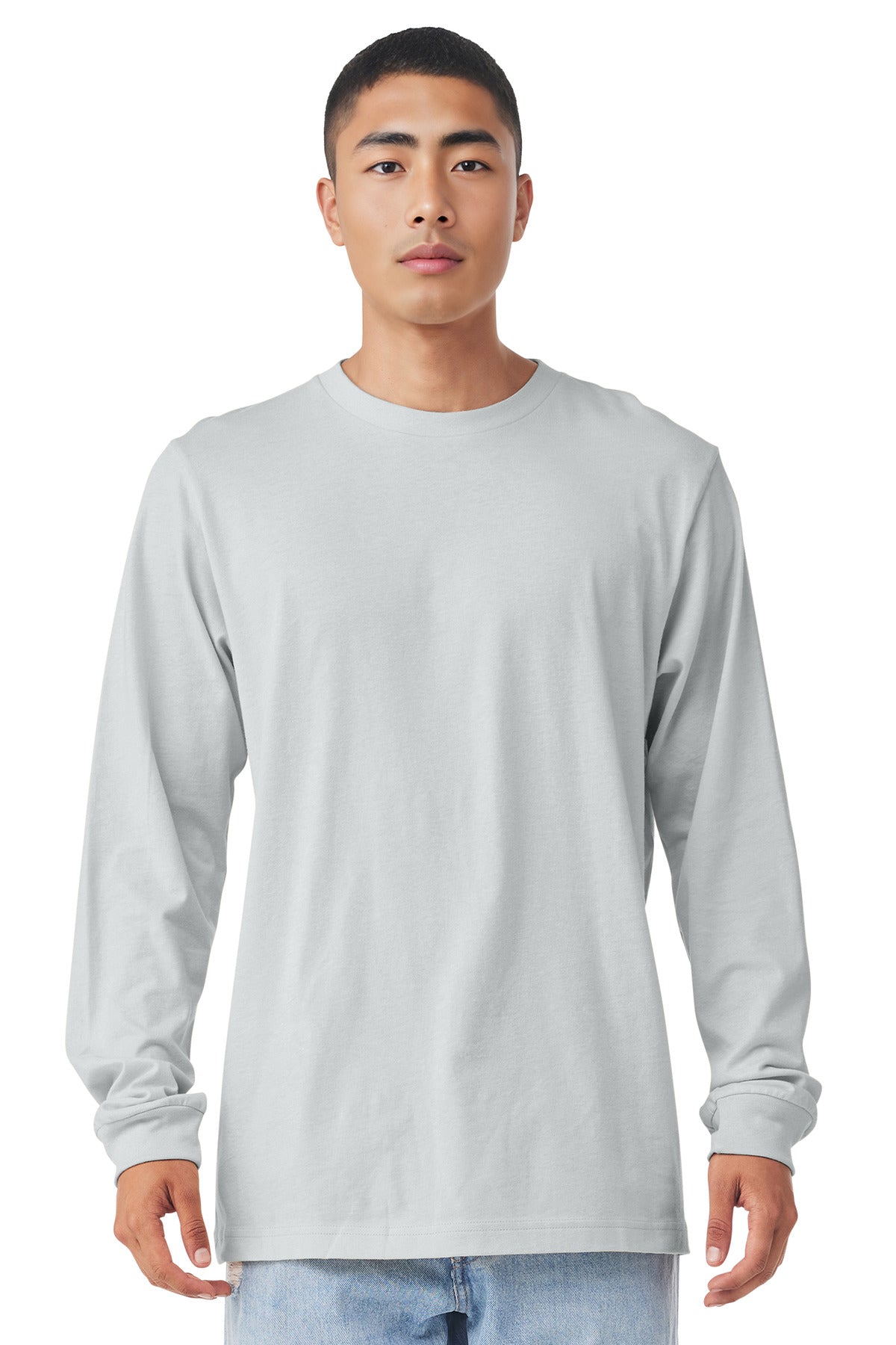 Front View of Silver BELLA+CANVAS Unisex Jersey Long Sleeve Tee. BC3501