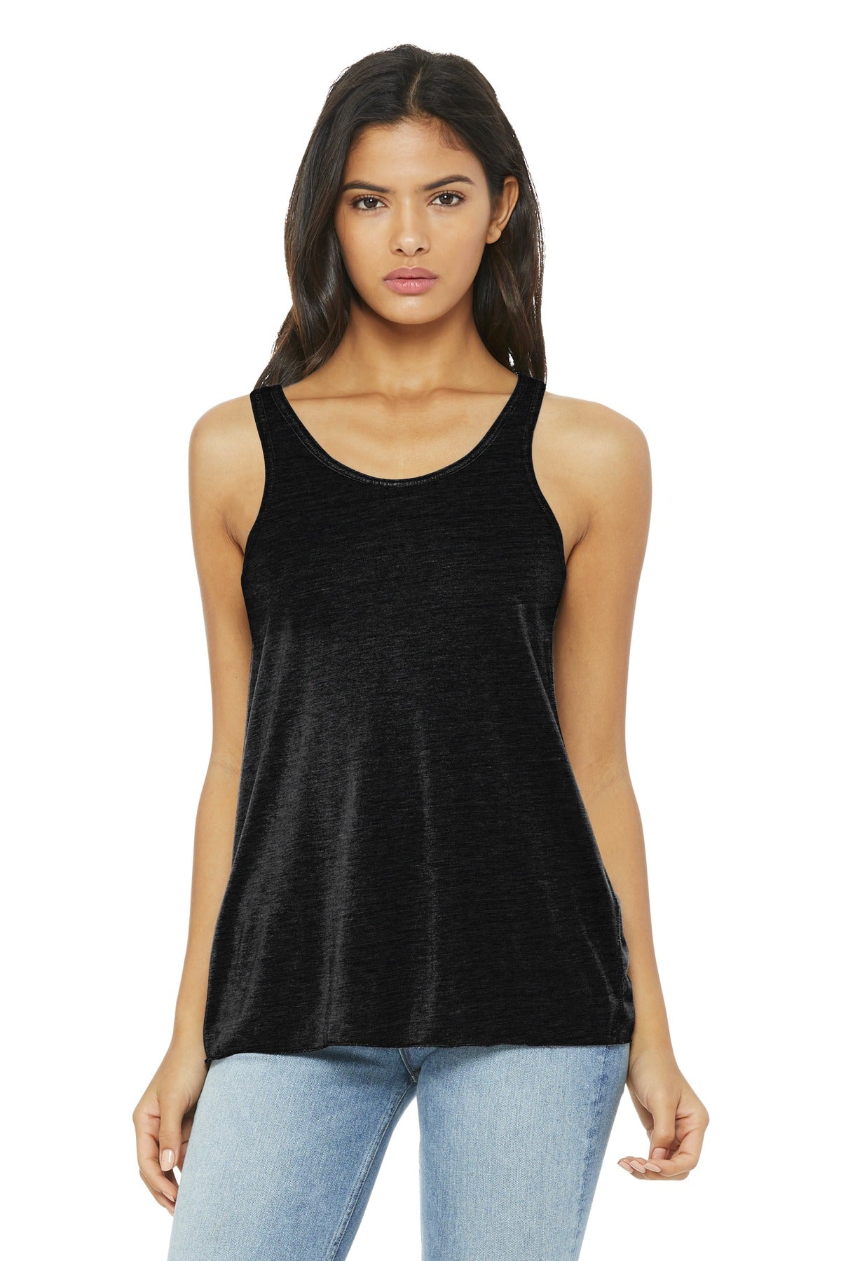 Front View of Sld Black Slub BELLA+CANVAS Women's Flowy Racerback Tank. BC8800