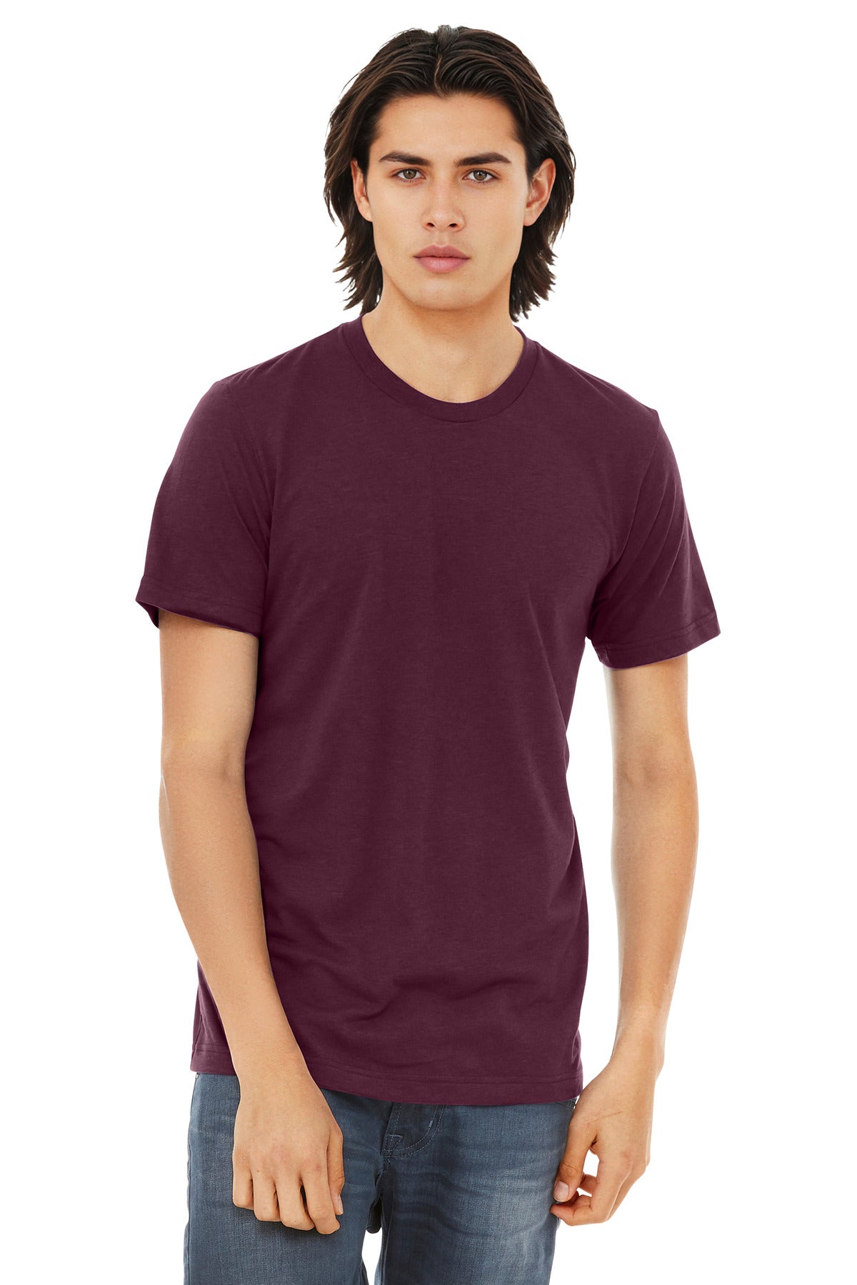 Front View of Sld Maroon TB BELLA+CANVAS Unisex Triblend Short Sleeve Tee. BC3413