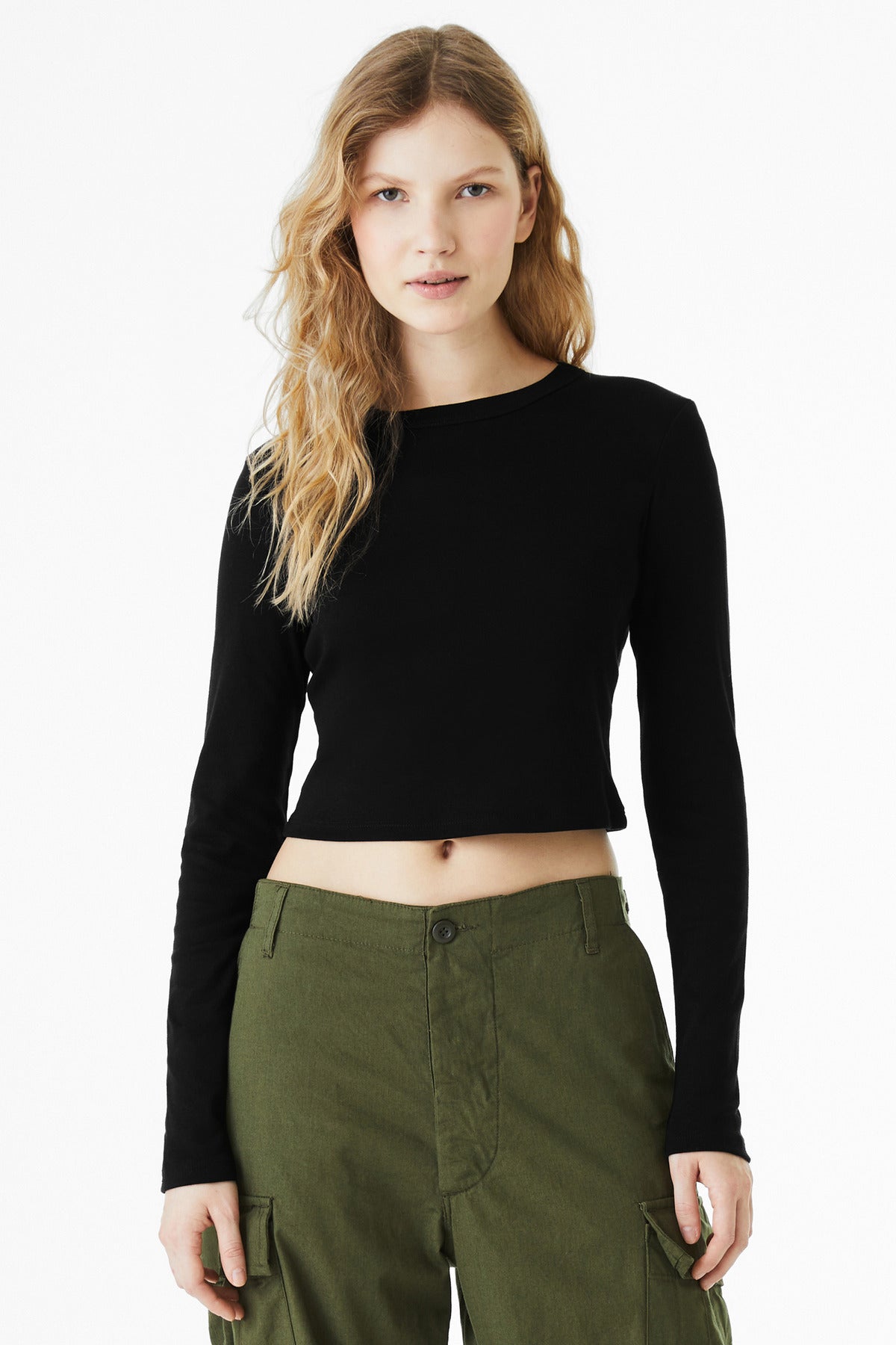 Front View of SldBkBlend BELLA+CANVAS Women's Micro Rib Long Sleeve Baby Tee BC1501