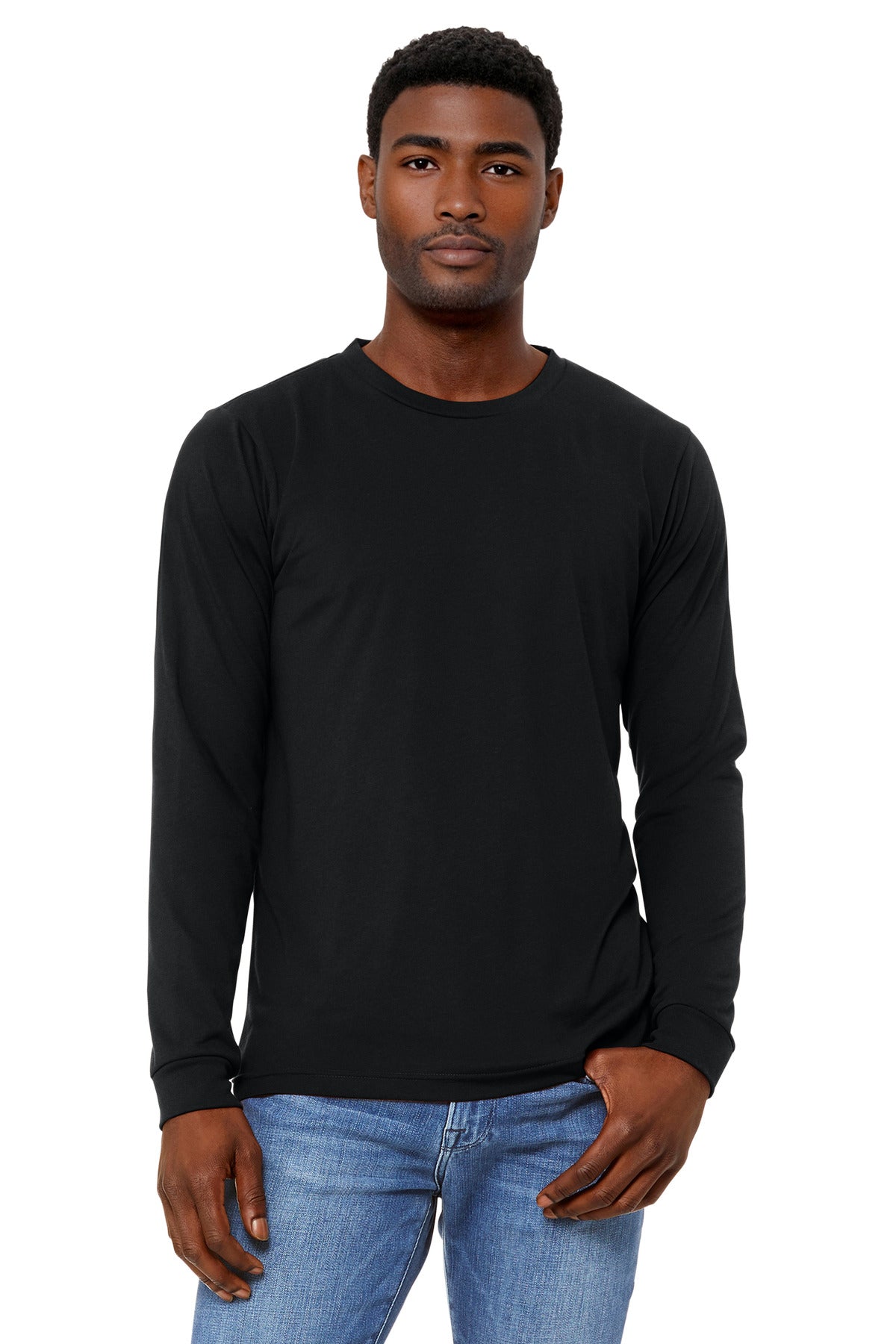 Front View of SldBlkTB BELLA+CANVAS Unisex Triblend Long Sleeve Tee BC3513