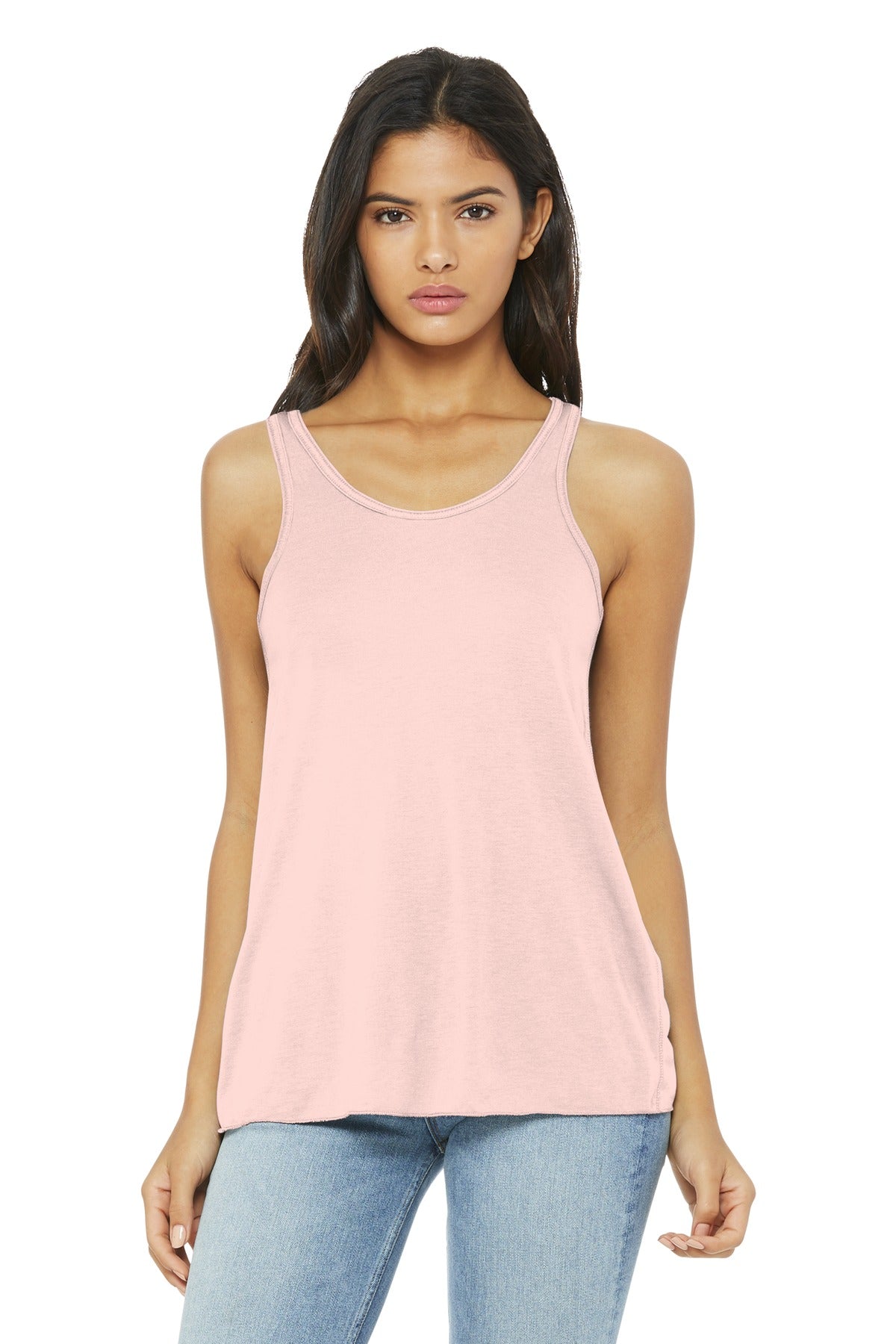 Front View of Soft Pink BELLA+CANVAS Women's Flowy Racerback Tank. BC8800