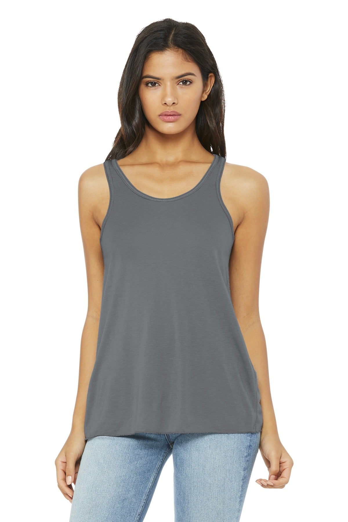 Front View of Storm BELLA+CANVAS Women's Flowy Racerback Tank. BC8800