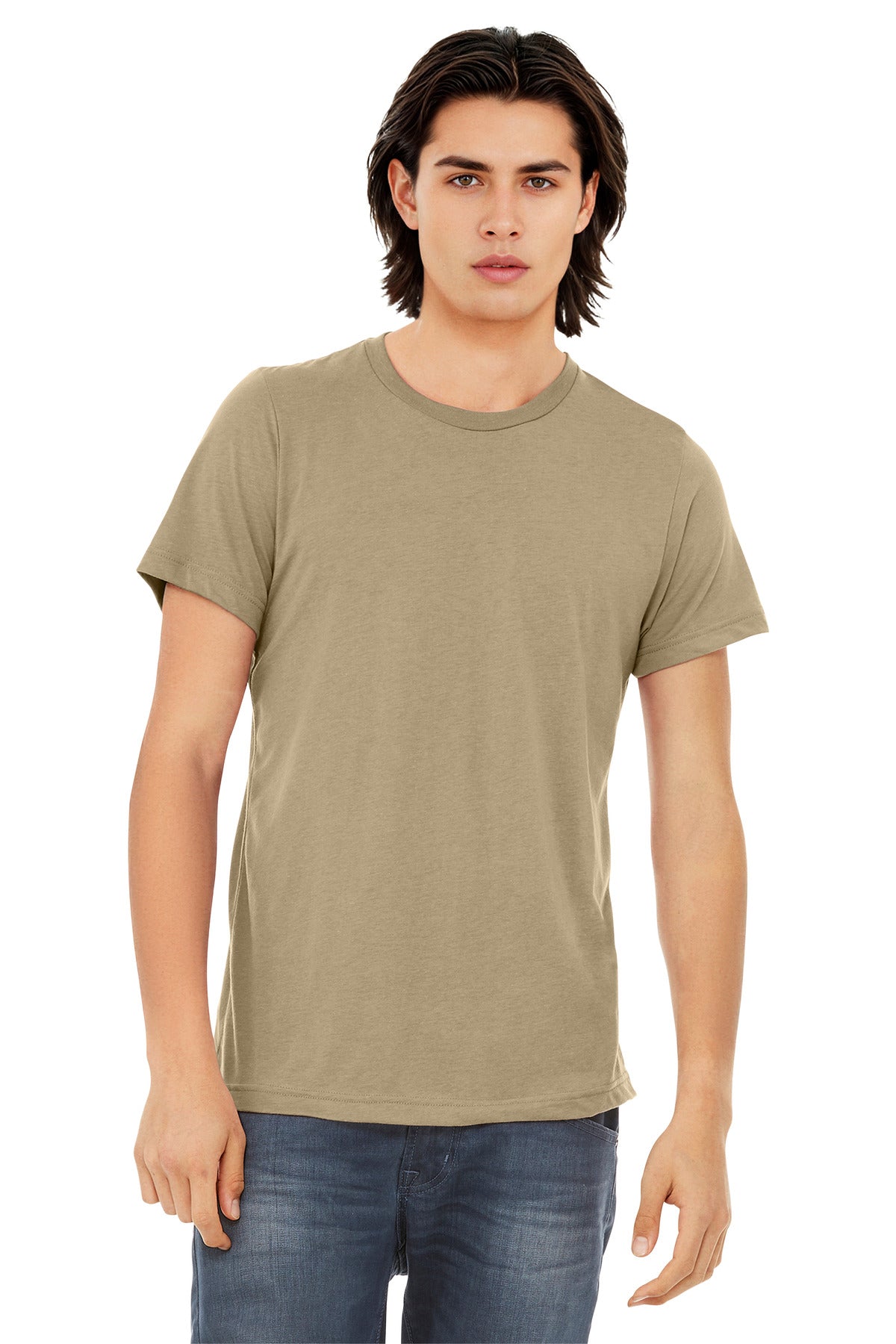 Front View of Tan TB BELLA+CANVAS Unisex Triblend Short Sleeve Tee. BC3413