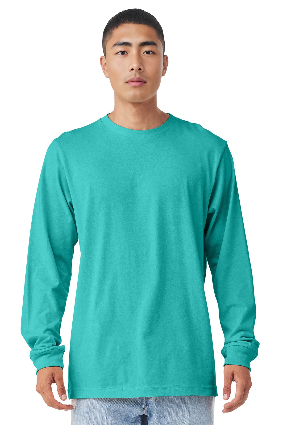 Front View of Teal BELLA+CANVAS Unisex Jersey Long Sleeve Tee. BC3501